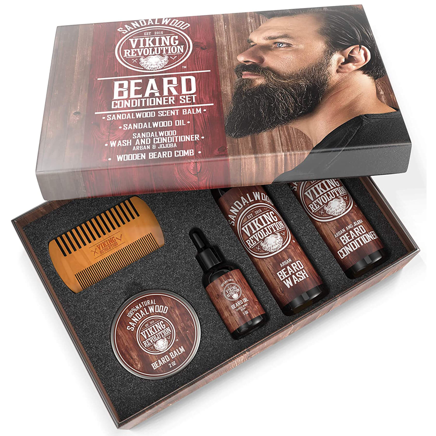The Sandalwood Grooming Kit, inspired by Viking themes, features a comb, oils, wash, and balm that are ideal for conditioning your beard. Packaged in a sandalwood-scented box, it provides impeccable styling and grooming for the modern warrior.