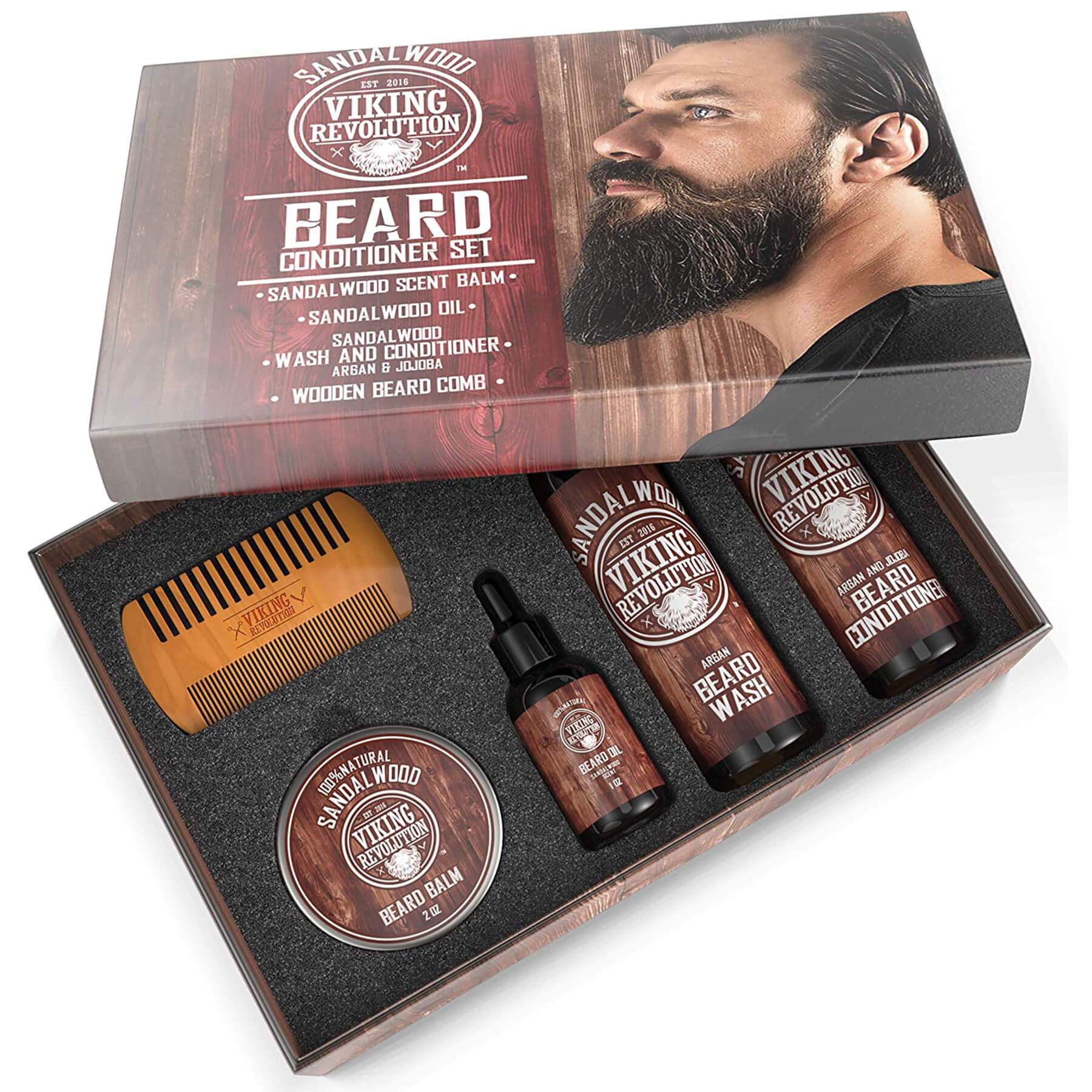 Transform your beard care routine into a luxurious experience with the Beard Grooming Kit. This open box set features a sandalwood scent and provides everything you need: beard balm, wash, conditioner, oil, and a wooden comb.