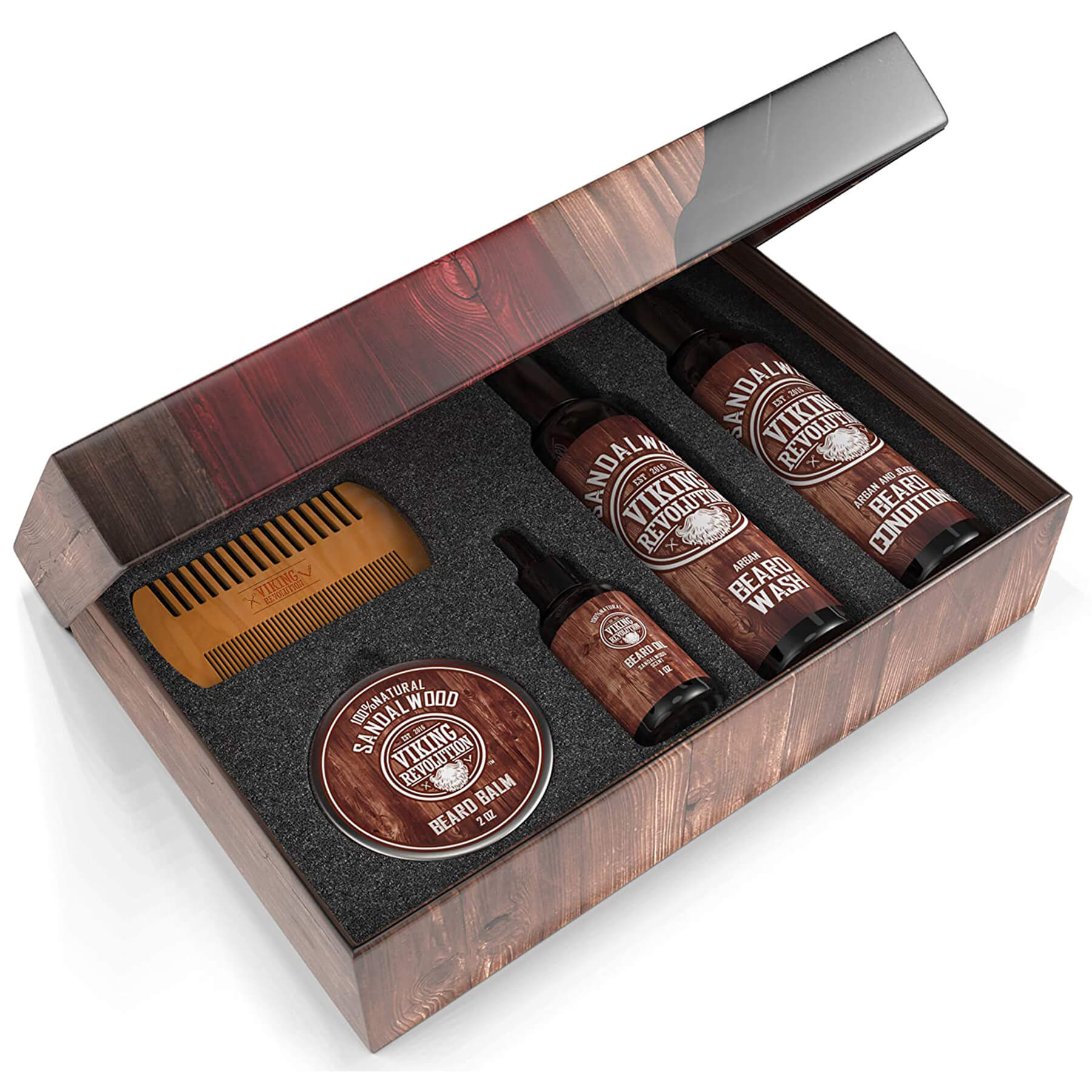 The Sandalwood Grooming Kit is a gift set featuring beard wash, conditioner, balm, oil, and a comb housed in a wooden box with a soothing sandalwood scent for the ultimate beard conditioning and styling experience.