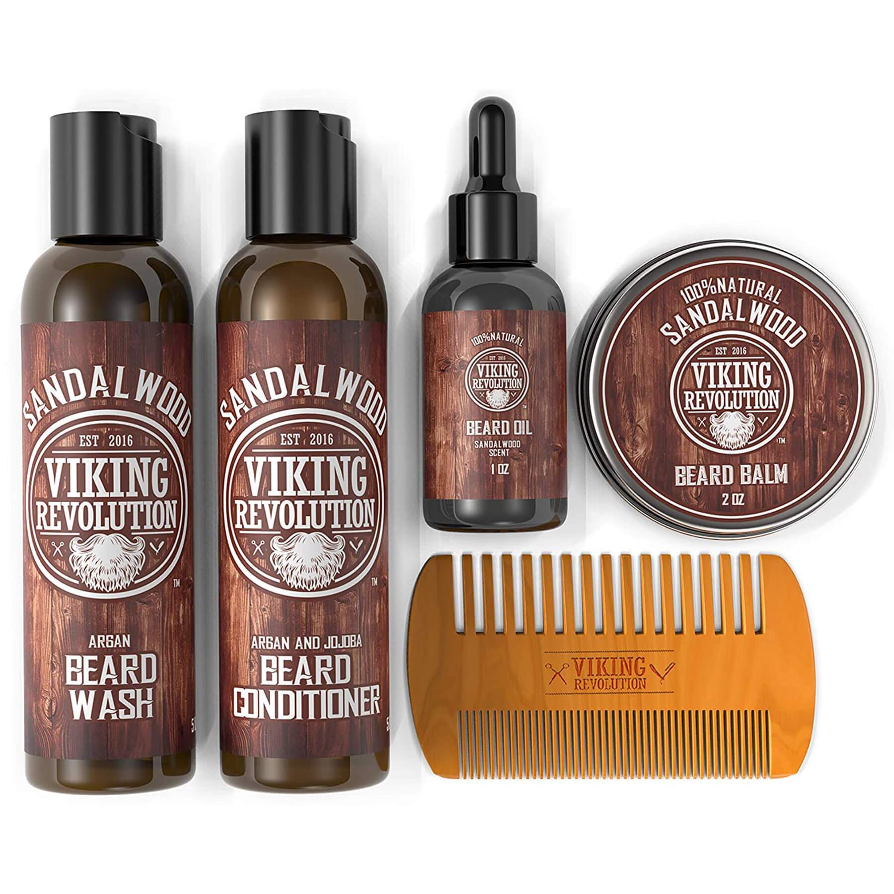 Explore the Beard Grooming Kit by Viking Revolution, featuring the ultimate essentials for beard care: a wash, conditioner, oil, balm, and comb, all infused with a rich sandalwood scent.