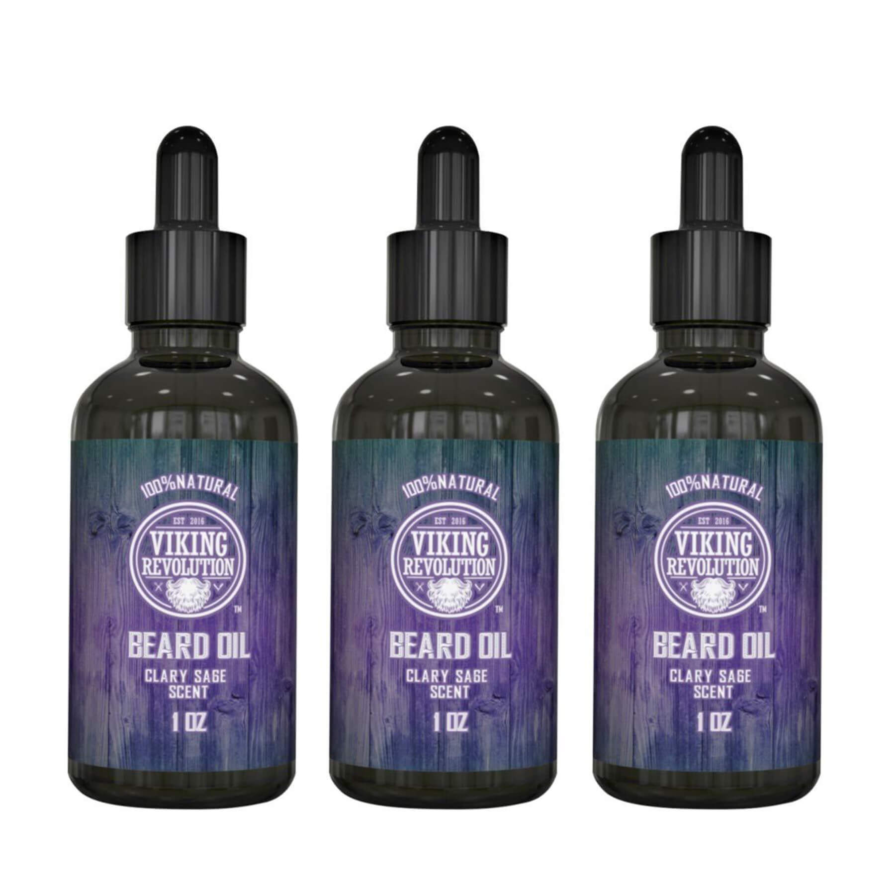 Three Clary Sage Beard Oil (3 Pack) from Viking Revolution, infused with organic oils and dropper caps.