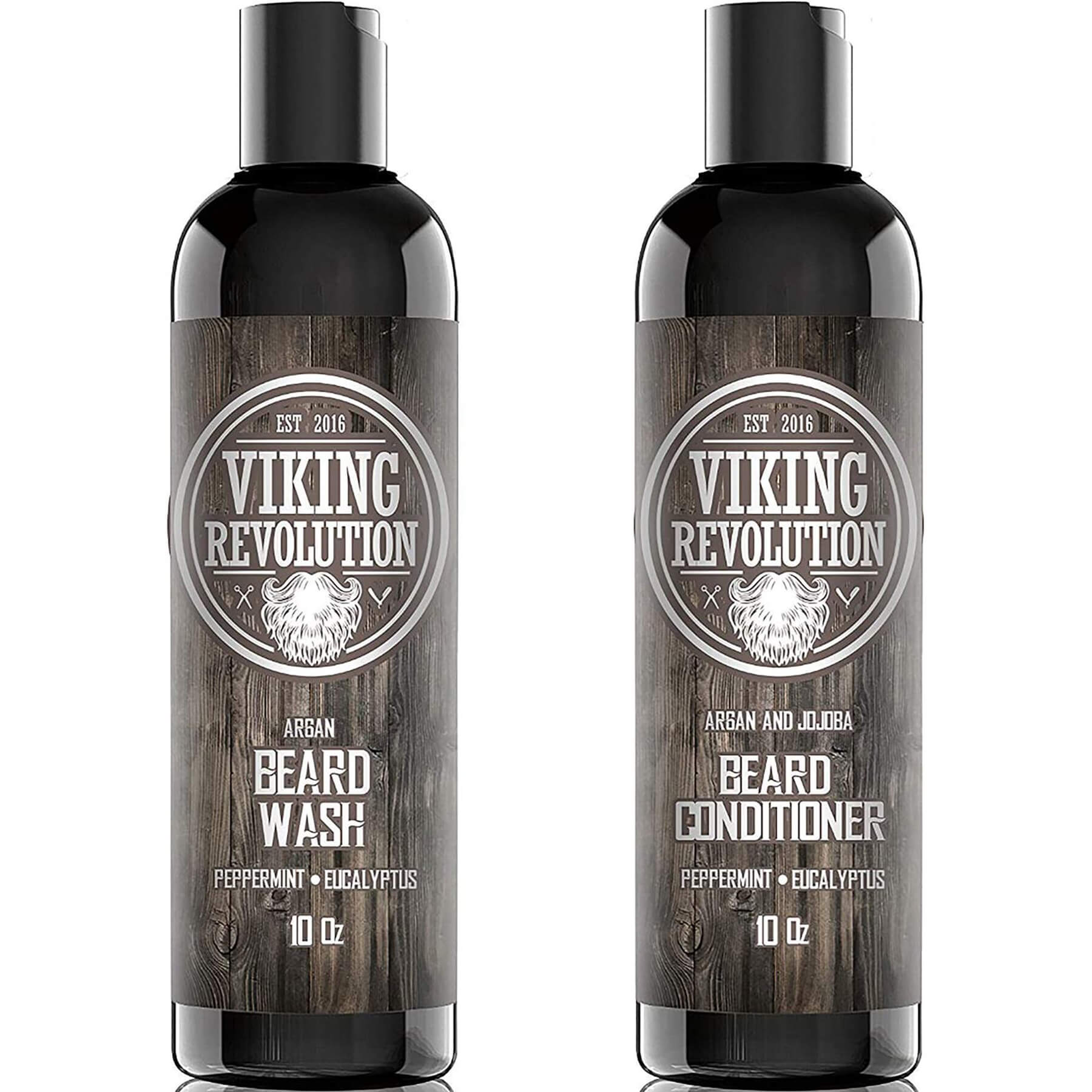 Two sleek black bottles: Peppermint & Eucalyptus Beard Wash & Conditioner Set, 10 oz each. Perfect for facial hair care, these products are packed with all-natural ingredients to provide an effective beard dandruff treatment.