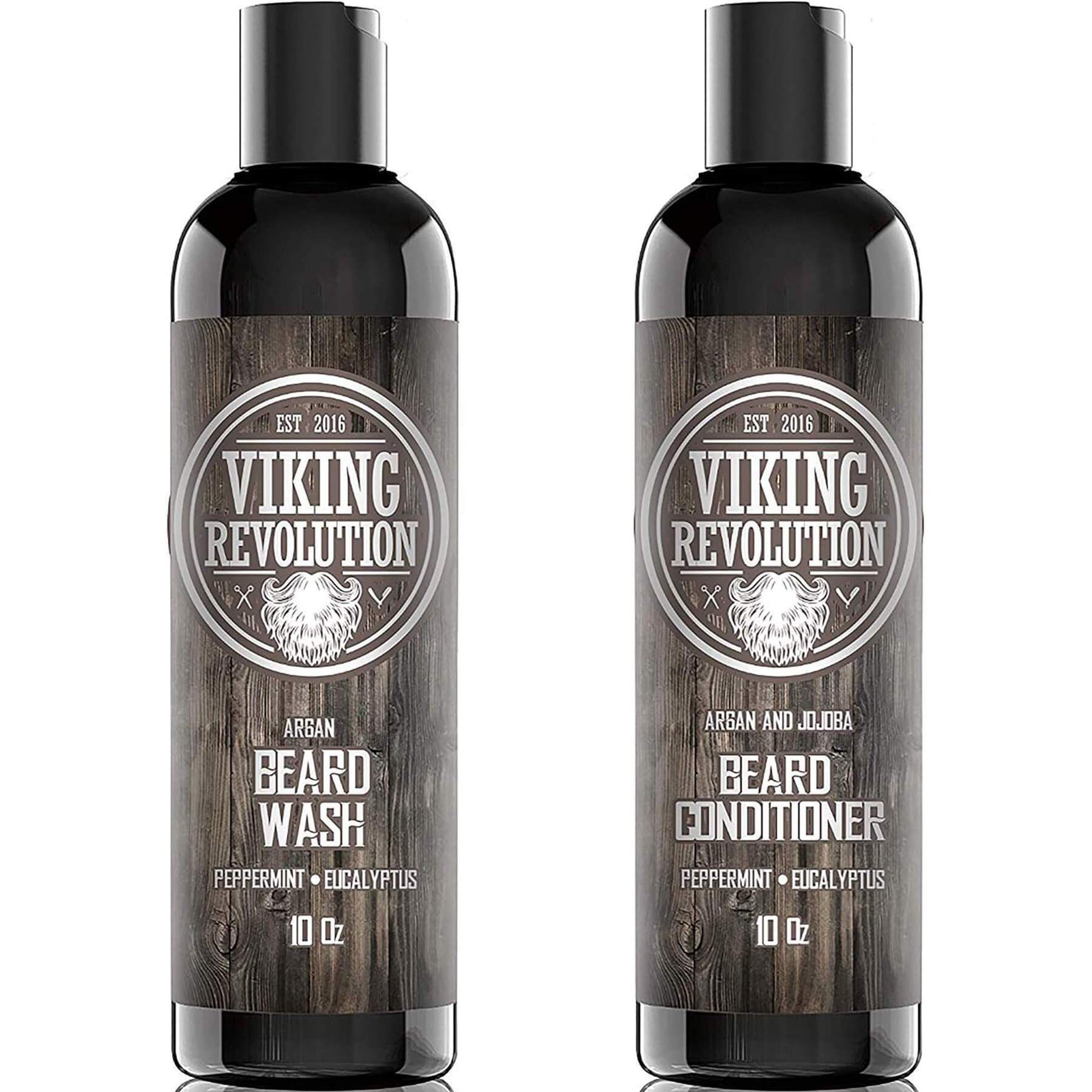 Two bottles of Beard Wash & Conditioner, each 10 oz, featuring a rustic label design. Made with all-natural ingredients to nourish facial hair and support healthy beard growth.