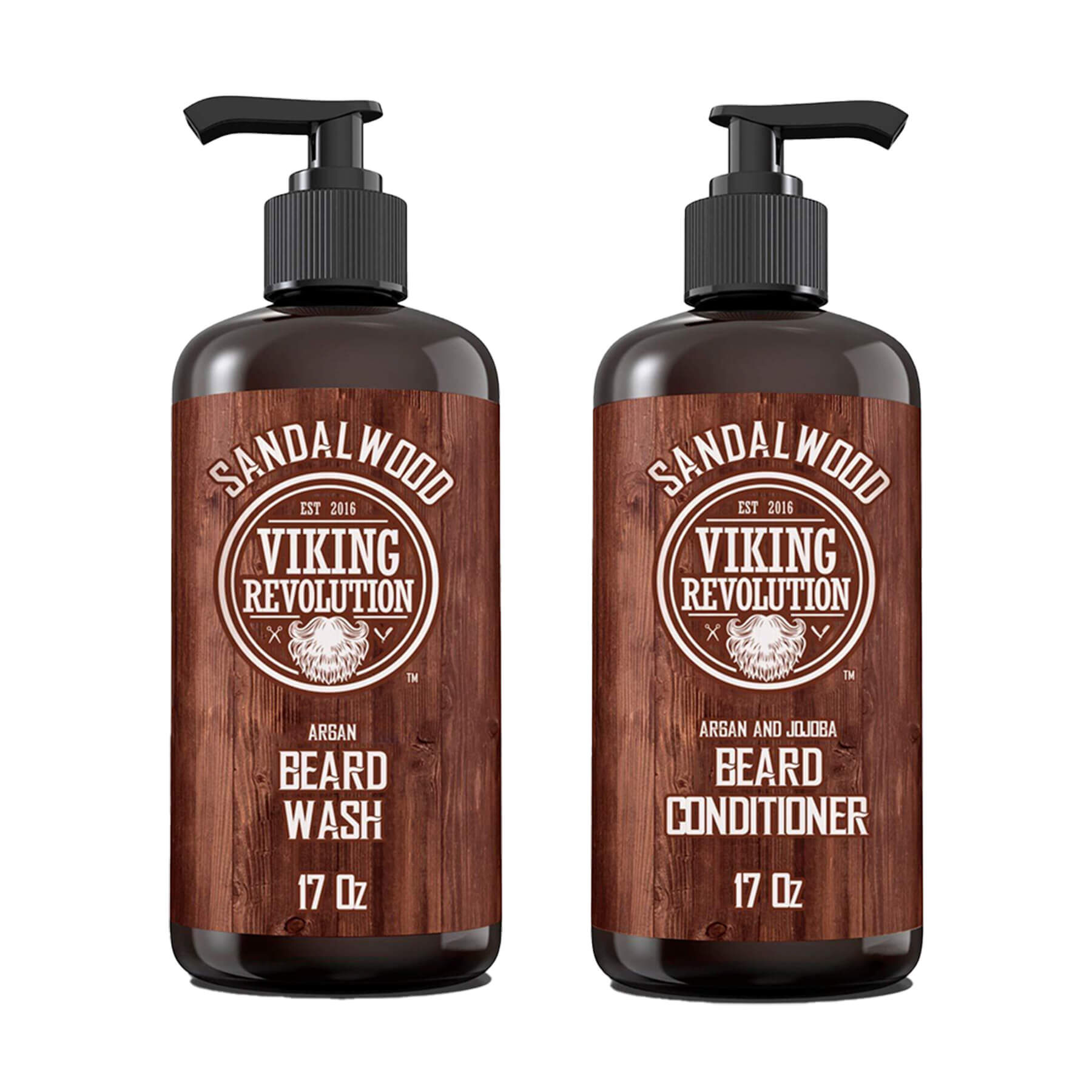 The Sandalwood Beard Wash & Conditioner Set by Viking Revolution consists of two 17oz brown pump bottles, featuring a sandalwood scent and utilizing all-natural ingredients to encourage healthy beard growth.