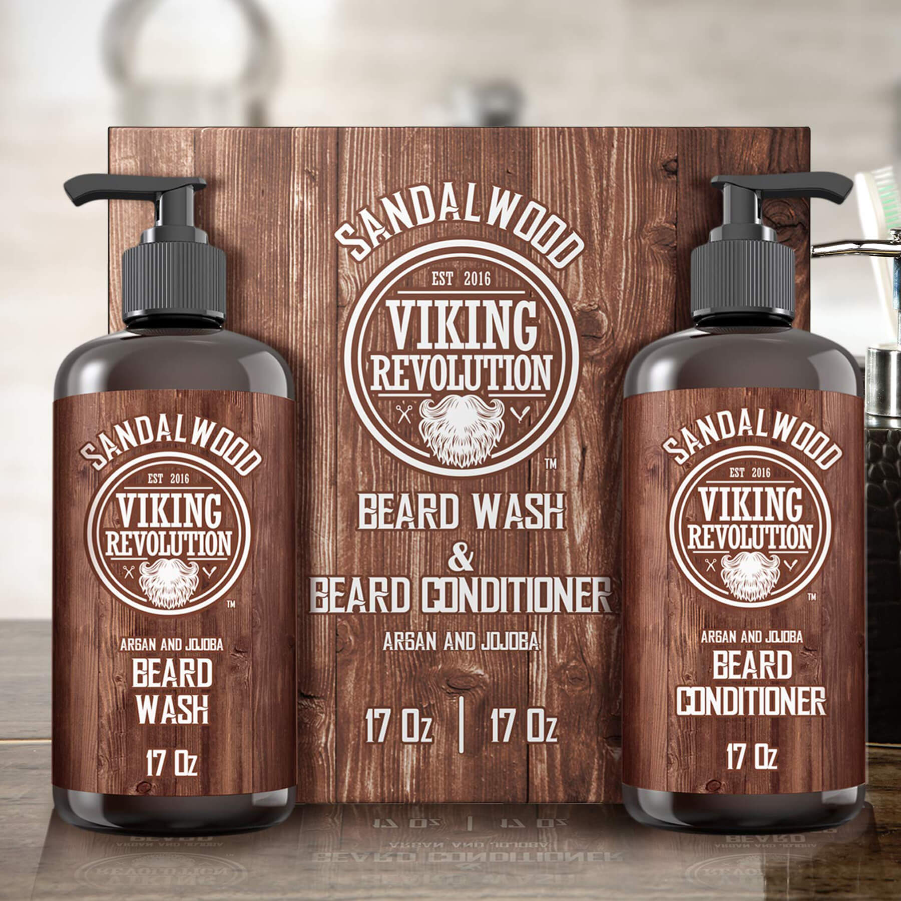 The Sandalwood Beard Wash & Conditioner Set - 17oz from Viking Revolution, infused with a sandalwood scent, promises healthy beard growth with its all-natural ingredients and comes in sleek packaging.