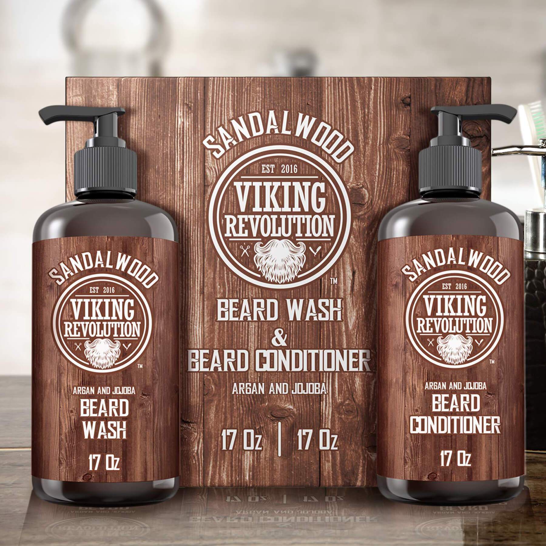 Viking Revolution's Beard Wash & Conditioner, crafted with all-natural ingredients, stands proudly in front of a wooden display.