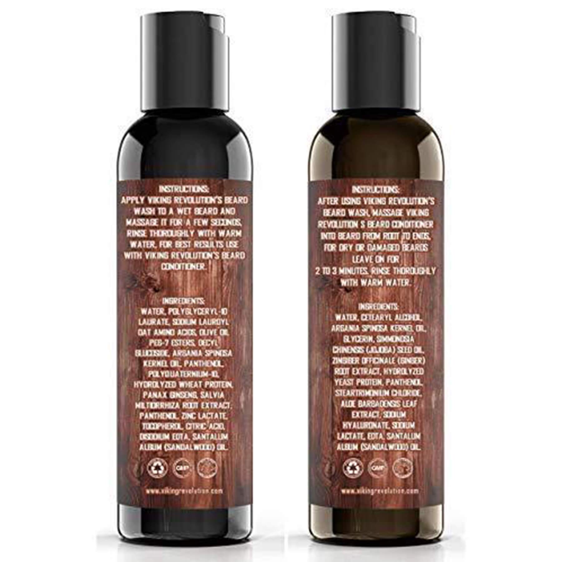 Two bottles labeled with instructions and ingredient lists for Beard Wash & Conditioner, enriched with all-natural ingredients. Perfect for those seeking nourishing facial hair care to effortlessly boost beard growth.