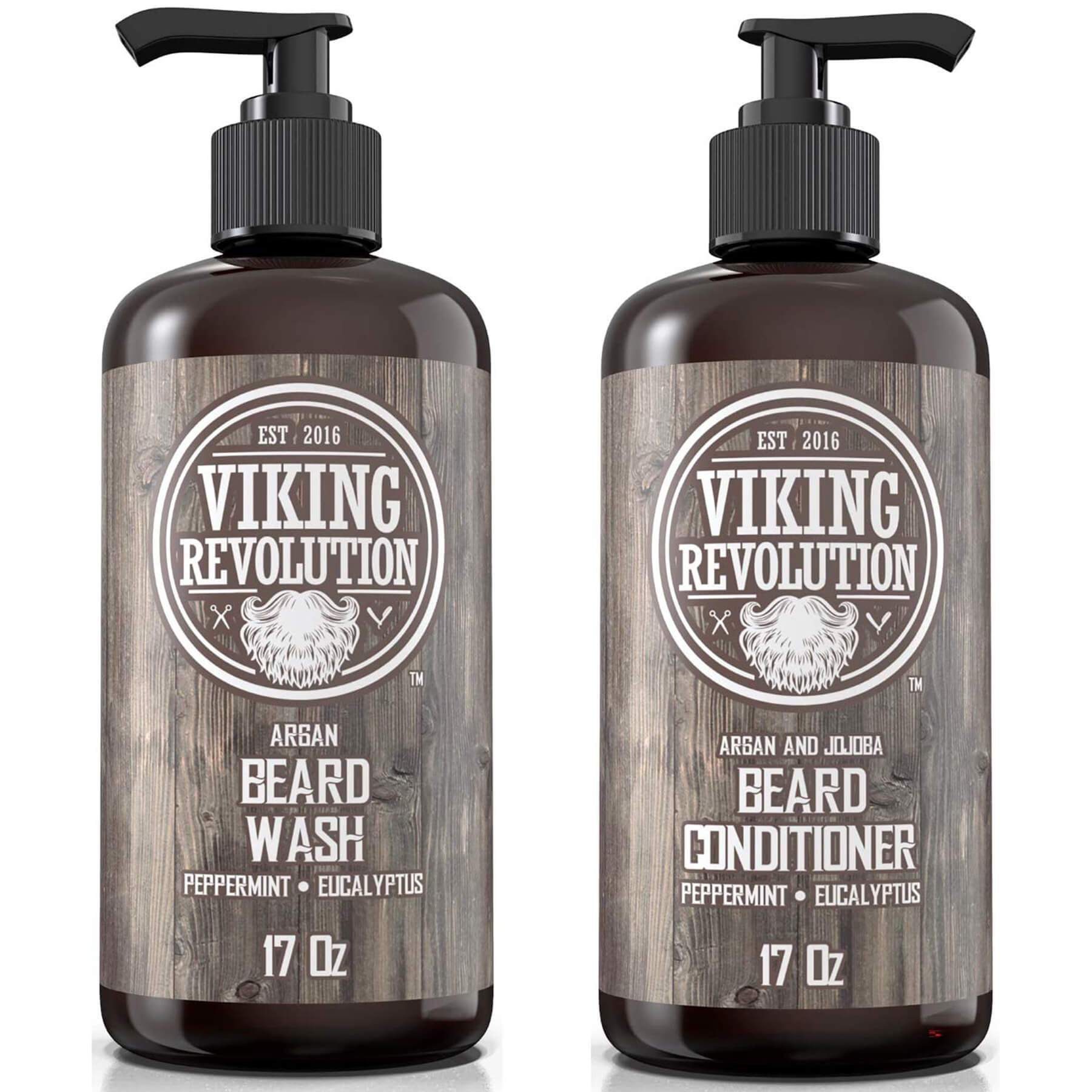 A pair of 17 oz bottles of Beard Wash & Conditioner by Viking Revolution, featuring pump dispensers and made with all-natural ingredients to nourish facial hair.