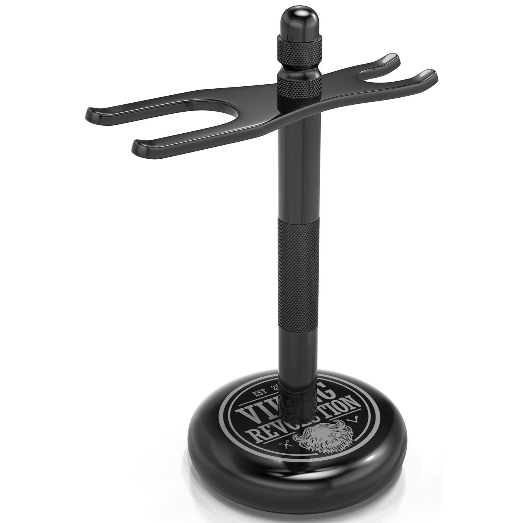 Black Safety Razor Stand with a circular base and a striking Viking-themed logo—ideal for enhancing your beard grooming routine.