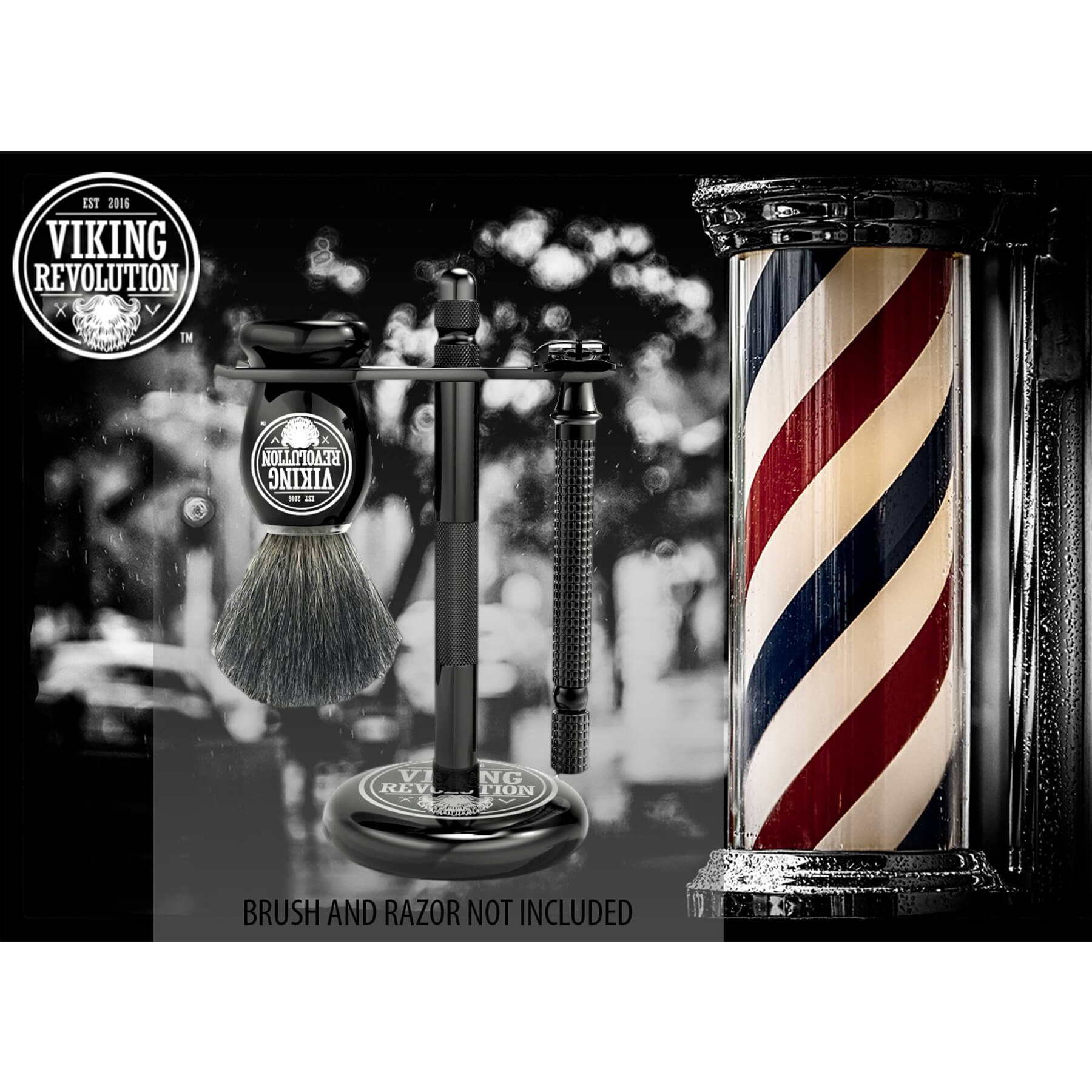 Black Safety Razor Stand, featuring a Viking Revolution logo and essential beard grooming tools set; note: Brush and Razor Not Included. Ideal for the discerning gentleman, our products are crafted with premium ingredients.
