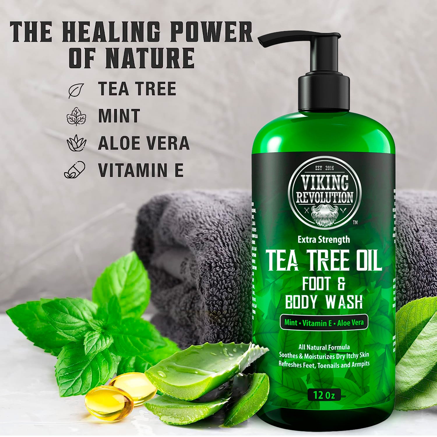 Tea Tree Kit with body wash, balm, mint, aloe & towel; perfect for athletes foot remedy.