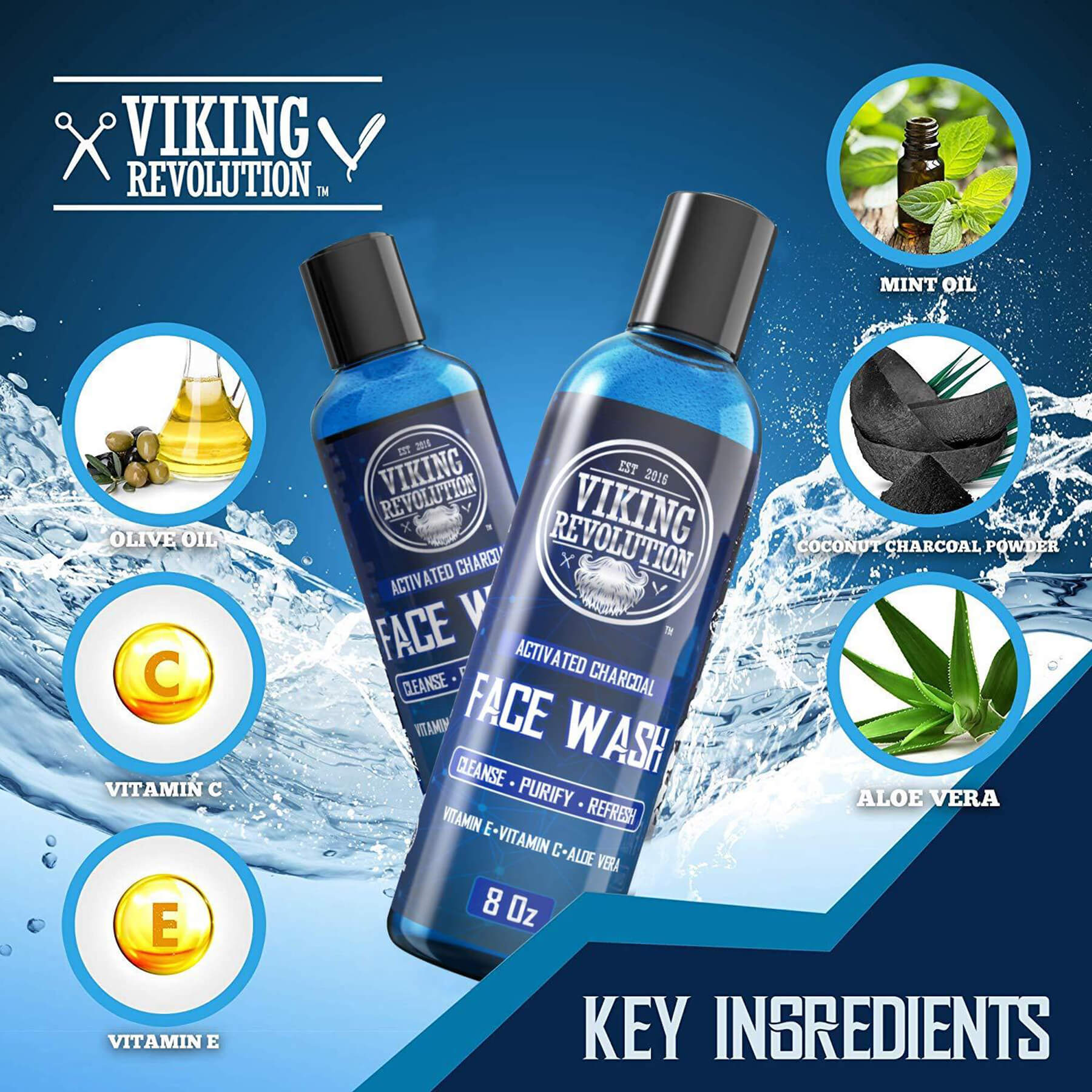 Mint, olive, coconut charcoal, aloe vera & vitamins C&E icons on Charcoal Face Wash - 8oz + 2oz bottles.