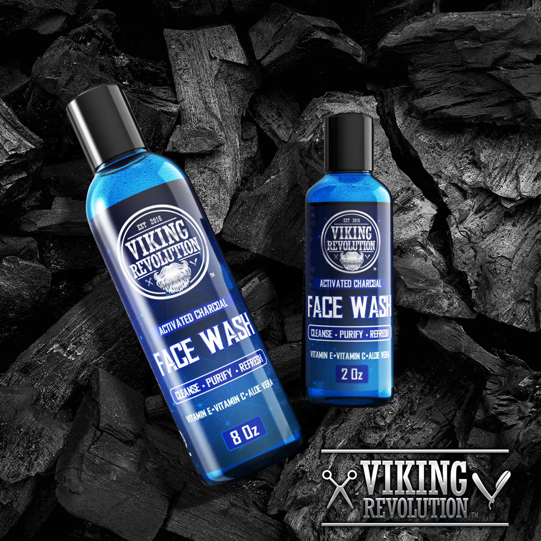Two bottles of Charcoal Face Wash (8oz + 2oz) on coconut charcoal, ideal for mens facial care.