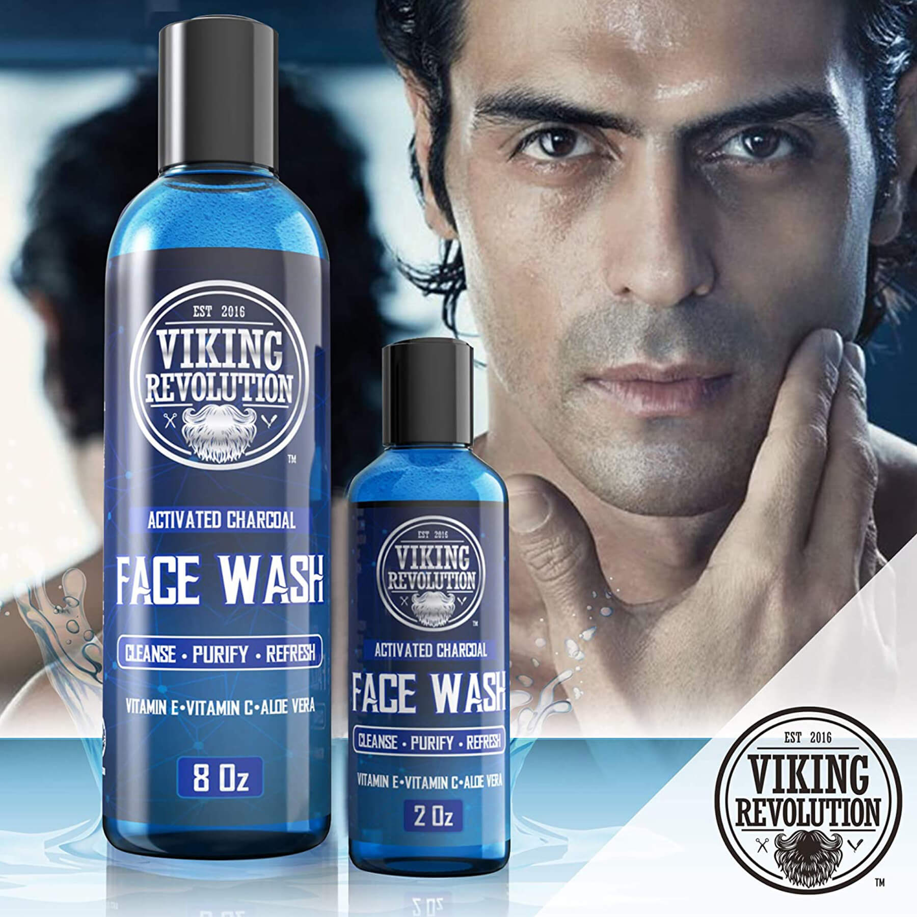 Two Viking Revolution Charcoal Face Wash bottles with a mans face in the background.