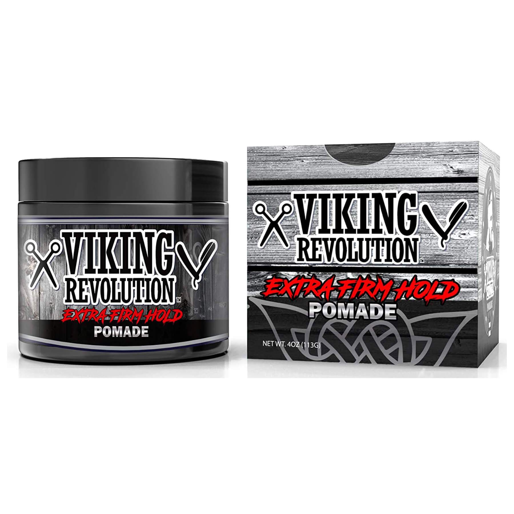The Hair Pomade - 4oz from Viking Revolution boasts a Viking-themed design on both its jar and box. It's made with natural ingredients for exceptional hair grooming and includes a satisfaction guarantee to help keep your style legendary.