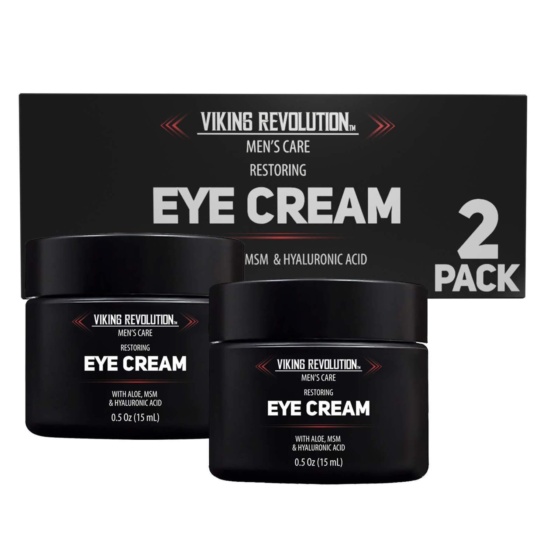 Two jars of Natural Eye Cream for Men - 2 Pack against a black box.