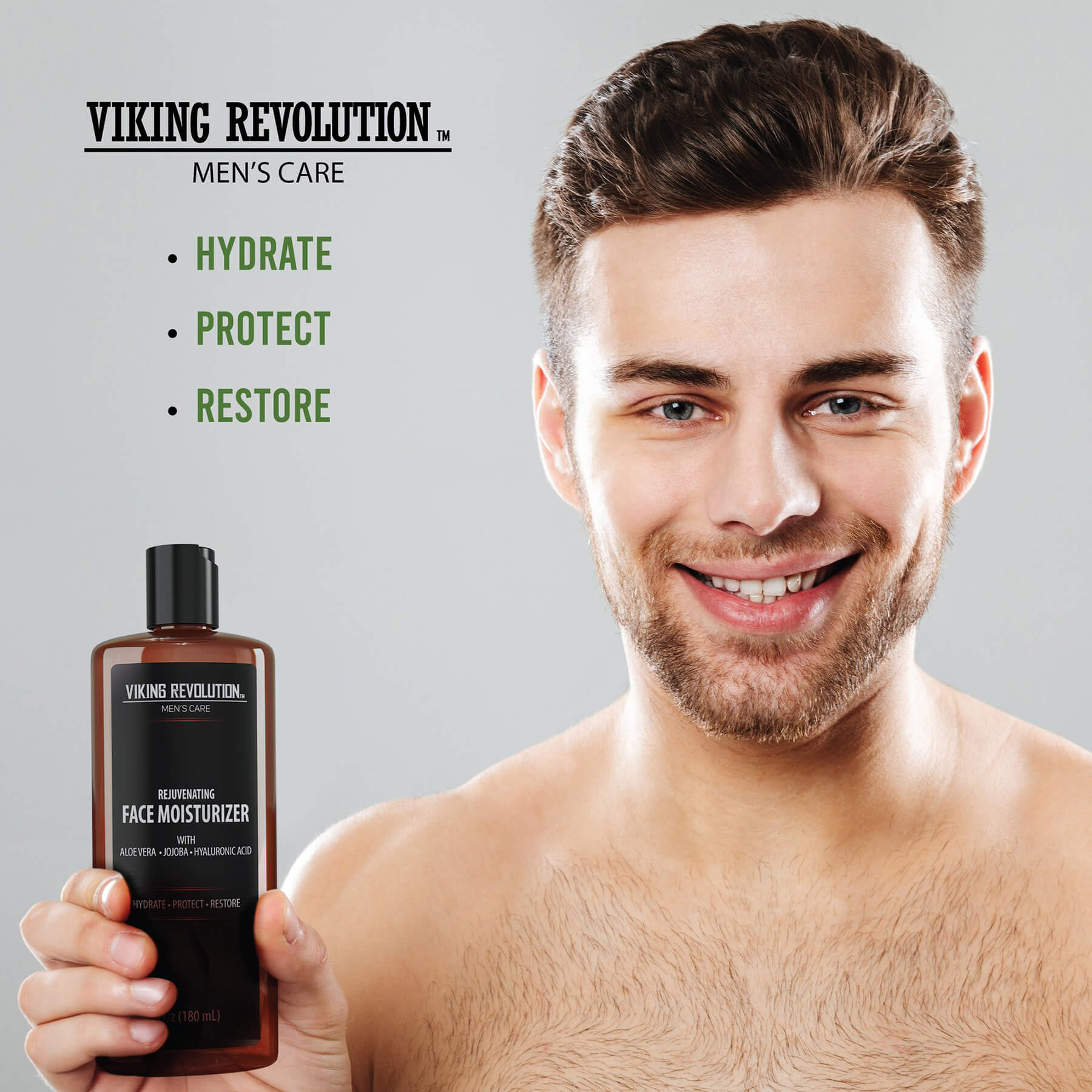 Man smiles while holding Natural Face Moisturizer - 6oz: Hydrate, Protect, Restore with natural ingredients.