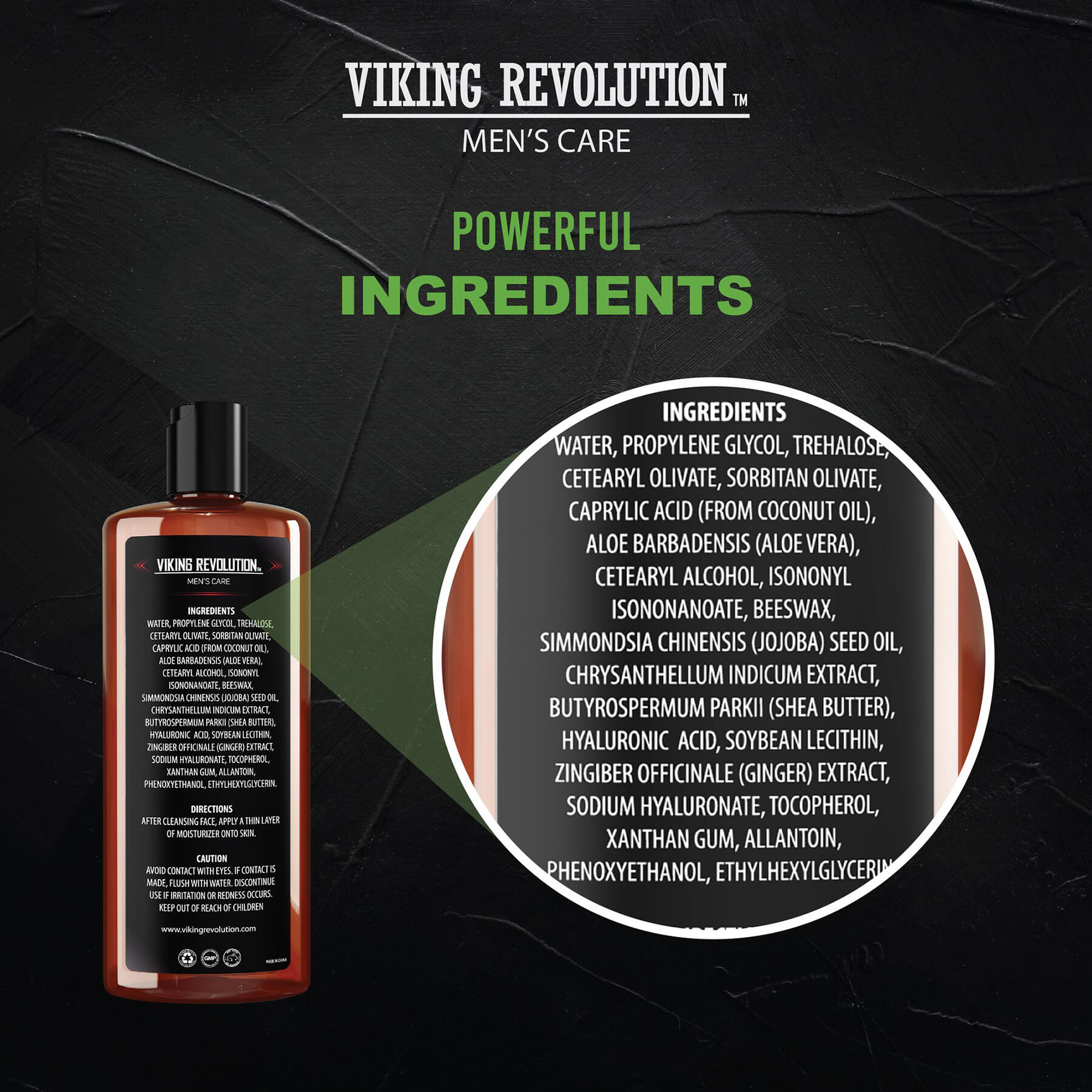 Natural Face Moisturizer, 6oz bottle with natural ingredients on a dark background.