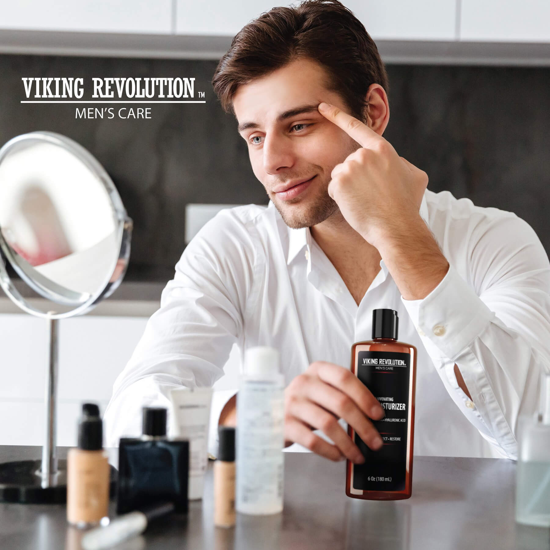 Man applying Natural Face Moisturizer - 6oz in front of mirror, holding bottle, skincare around him.