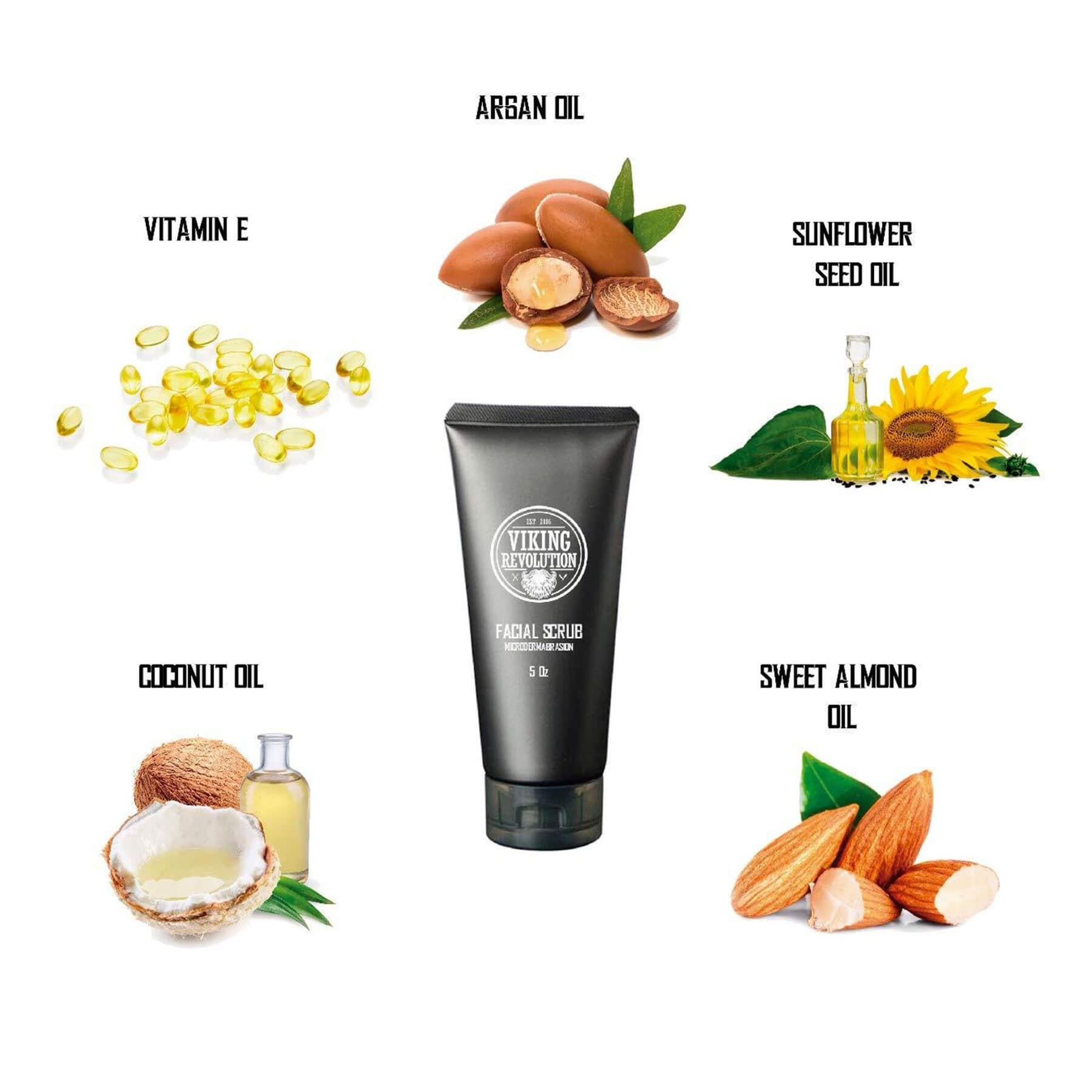Microdermabrasion Face Scrub, natural ingredients: argan oil, vitamin E, sunflower seed & coconut oil.