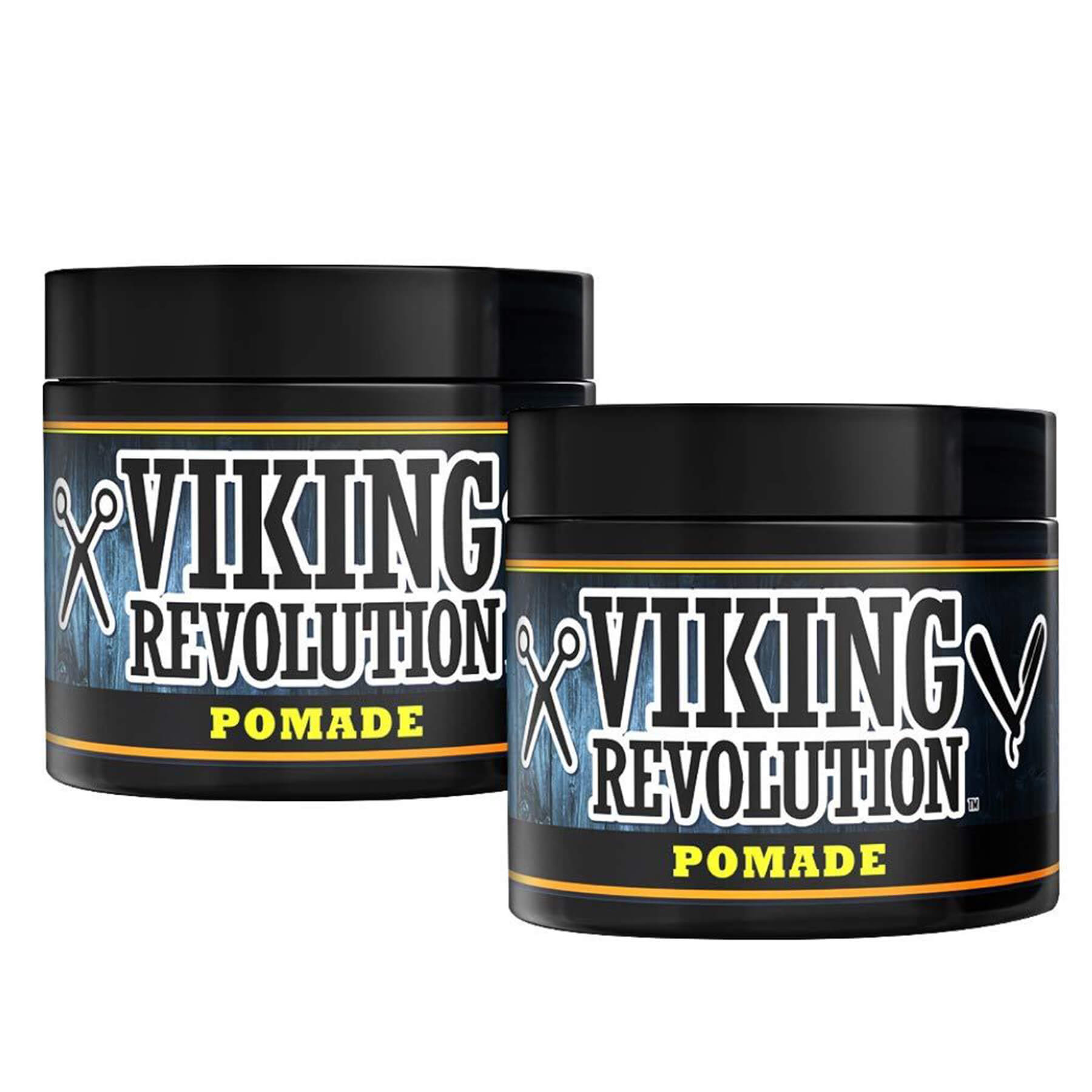 Two Firm Hold Hair Pomade jars (4oz) by Viking Revolution on a white background.