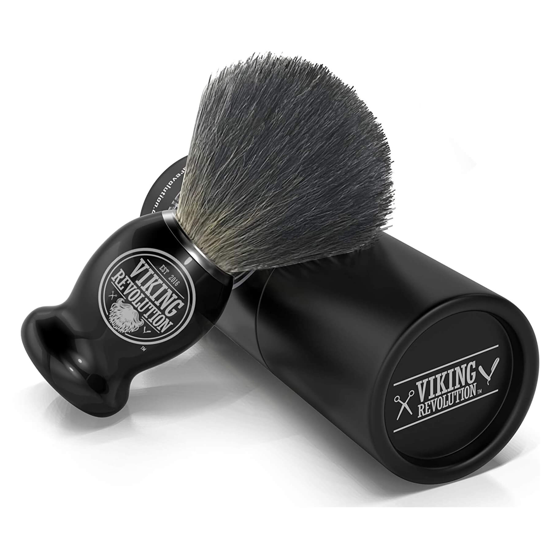 Badger Hair Shaving Brush with a Natural Badger Brush design, complemented by a Viking Revolution branded stand and cylindrical case, perfect for a luxurious wet shave.