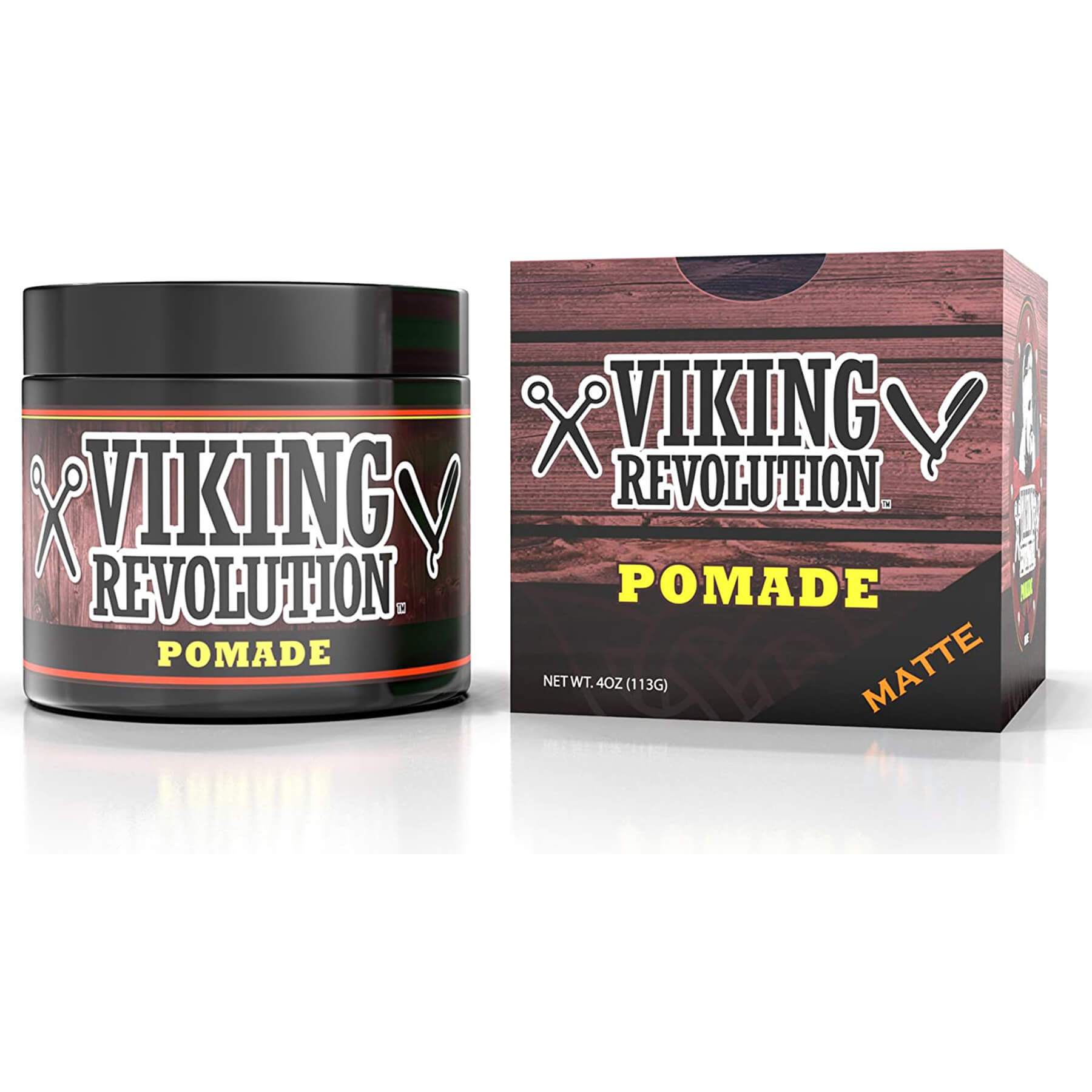 The Hair Pomade - 4oz container and packaging display Viking Revolution branding on a white background, formulated with natural ingredients for professional hair styling and backed by a complete satisfaction guarantee.