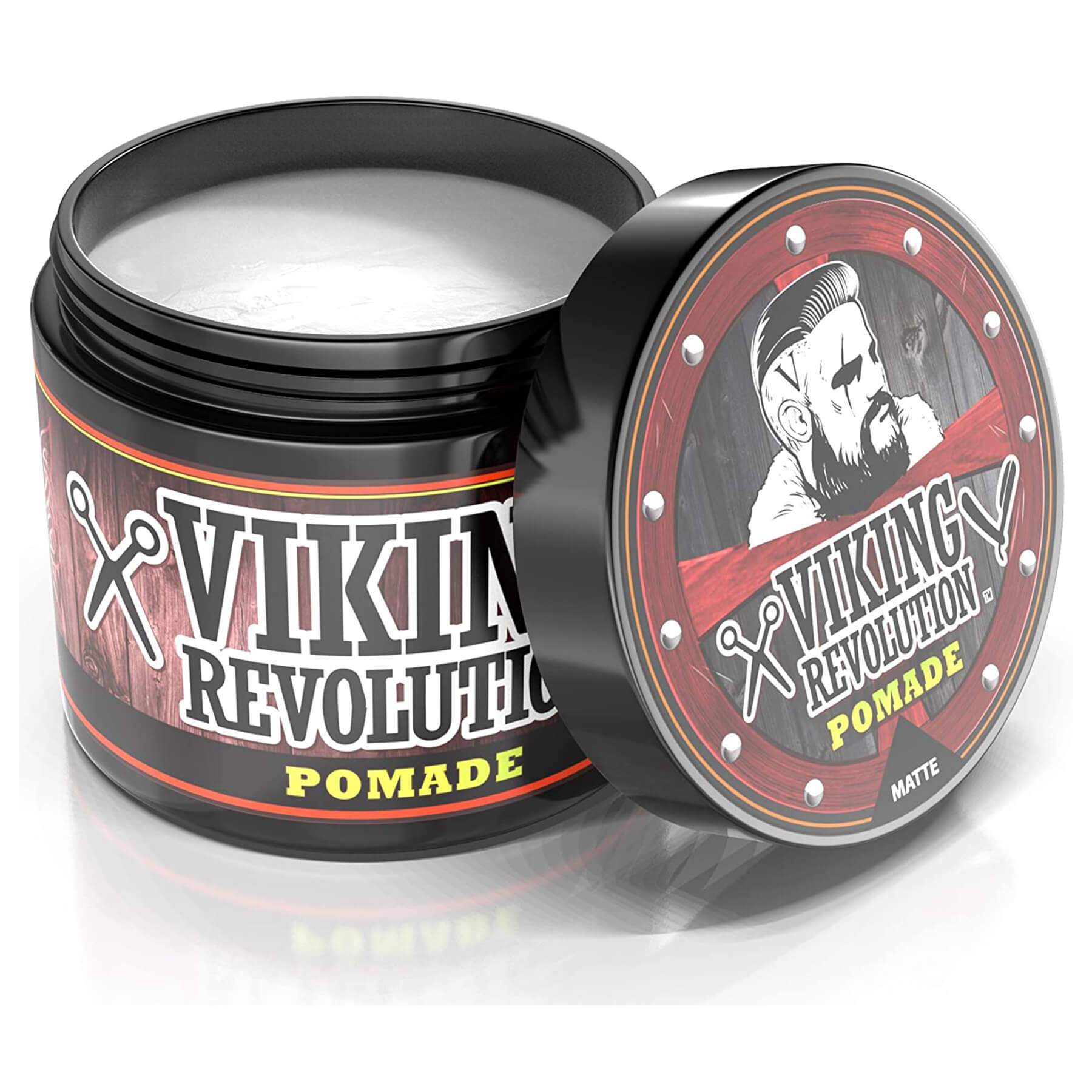 Open the black jar of Viking Revolution Hair Pomade - 4oz with an illustrated lid, designed for top-notch hair grooming. Made with natural ingredients to provide a strong hold, it comes with a satisfaction guarantee.