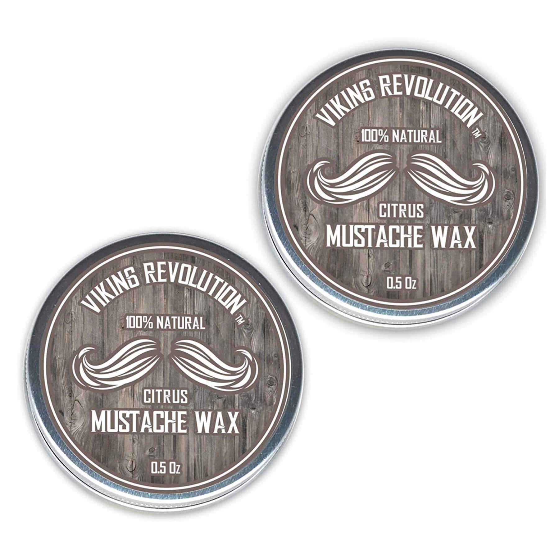 Two tins of Citrus & Sandalwood Mustache Wax - 2 Pack for strong hold, set against wood texture background.