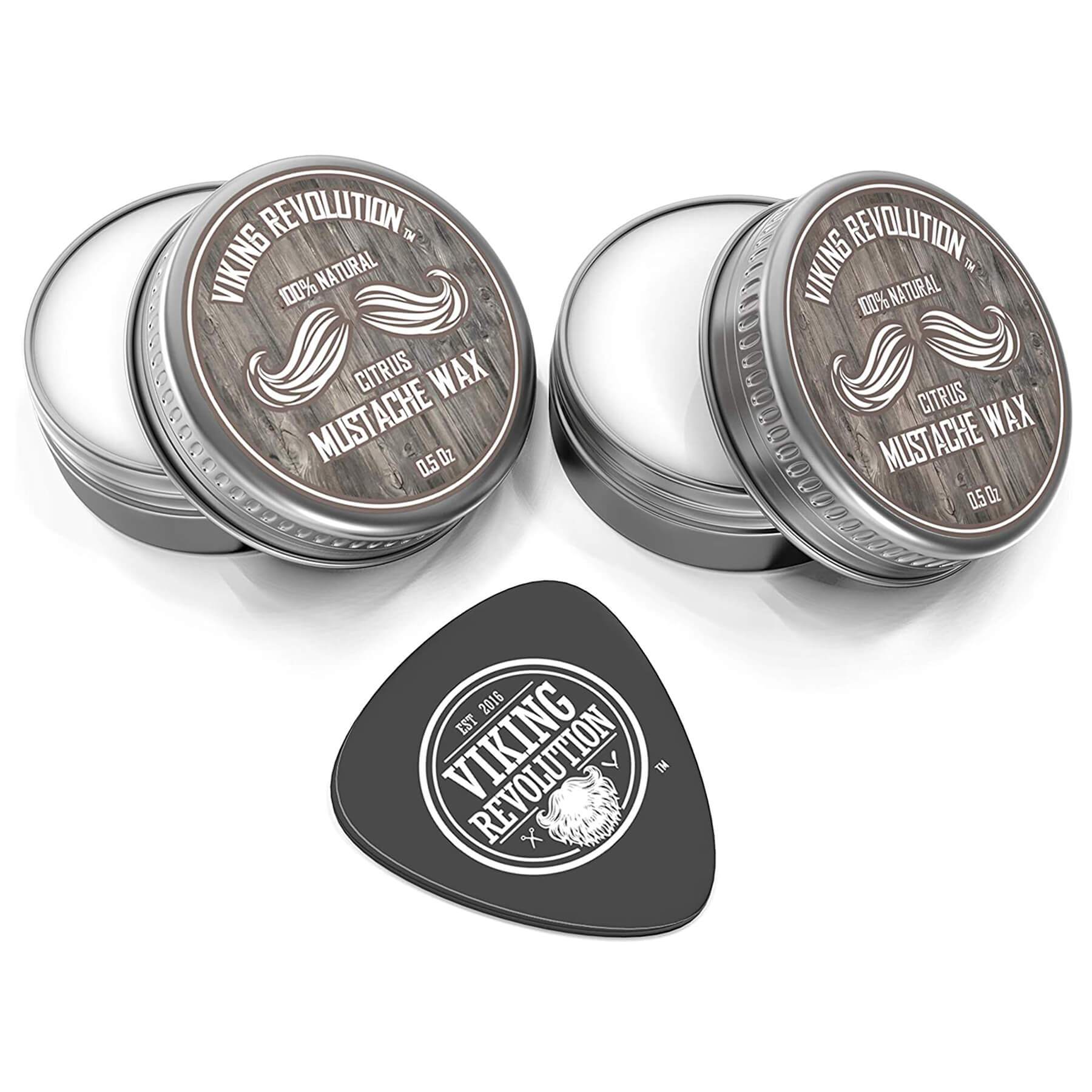Two tins of Citrus & Sandalwood Mustache Wax with a black pick for strong hold styling.