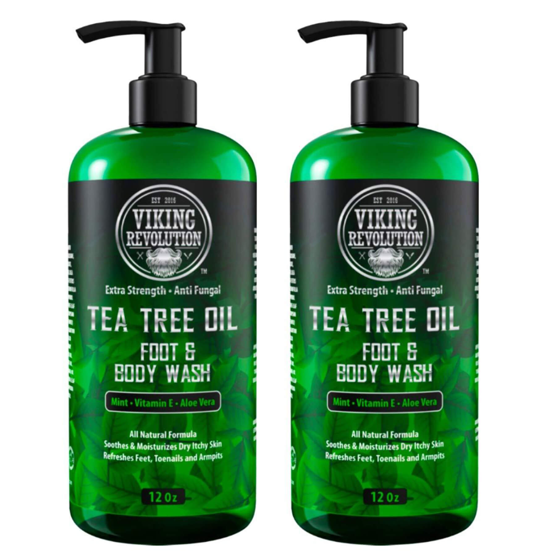 Two bottles of Tea Tree Oil Body Wash - 2 Pack with pumps deliver a refreshing solution for various skin conditions.