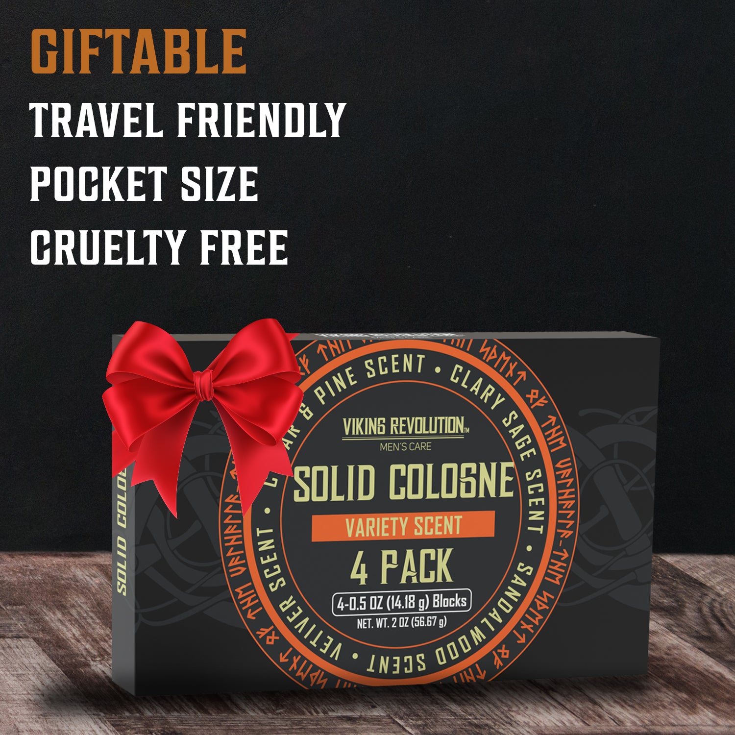 Convenient and cruelty-free, the Solid Cologne - 4 Pack is perfectly travel-friendly with a pocket-sized design. It comes adorned with a red bow and features the rich essence of cedar wood.