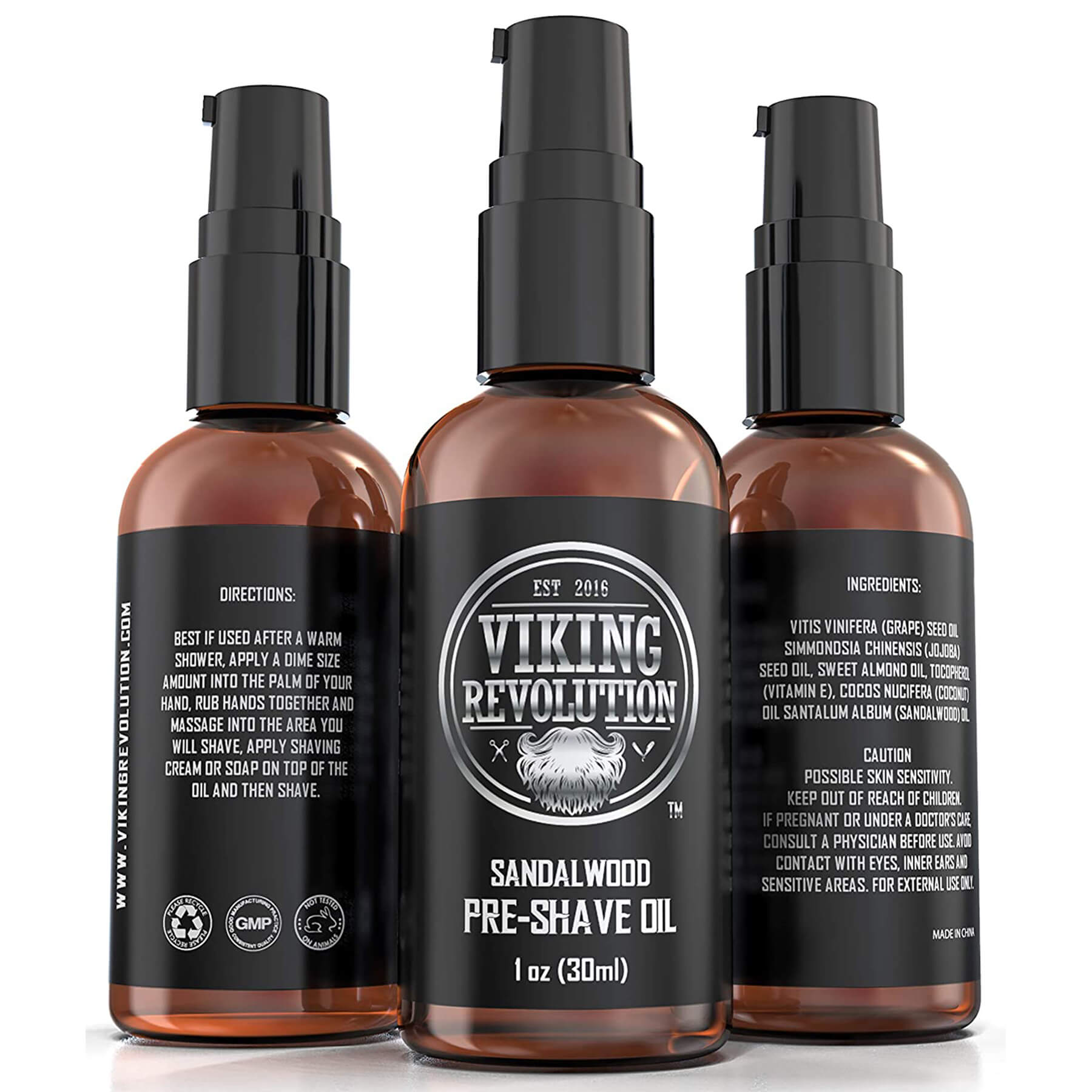 Three bottles of Sandalwood Pre-Shave Oil by Viking Revolution, each promising a clean shave and featuring labels that prominently display the sandalwood scent.