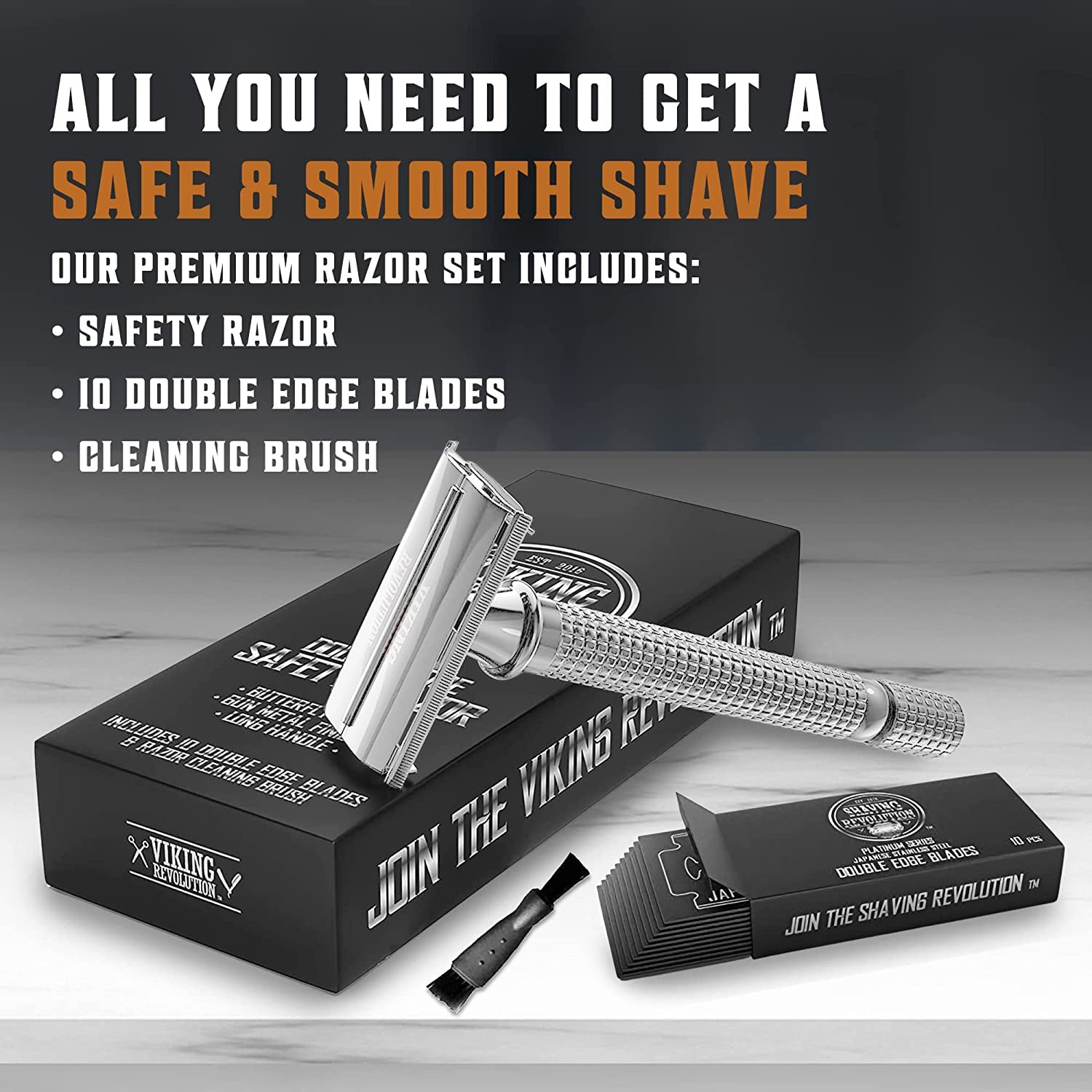 The kit includes a Long Handle Razor w/ 10 Blades (Chrome). Join the Viking Revolution.
