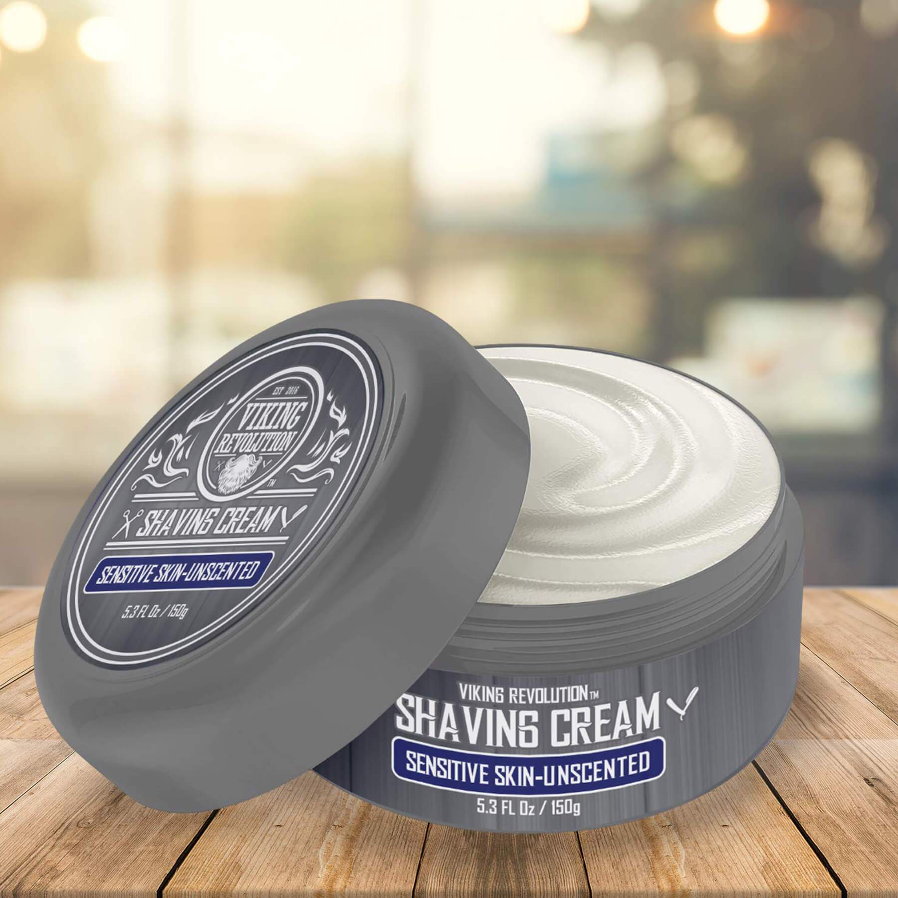 Open jar of Shaving Cream on a wooden table promises a smooth shaving experience.