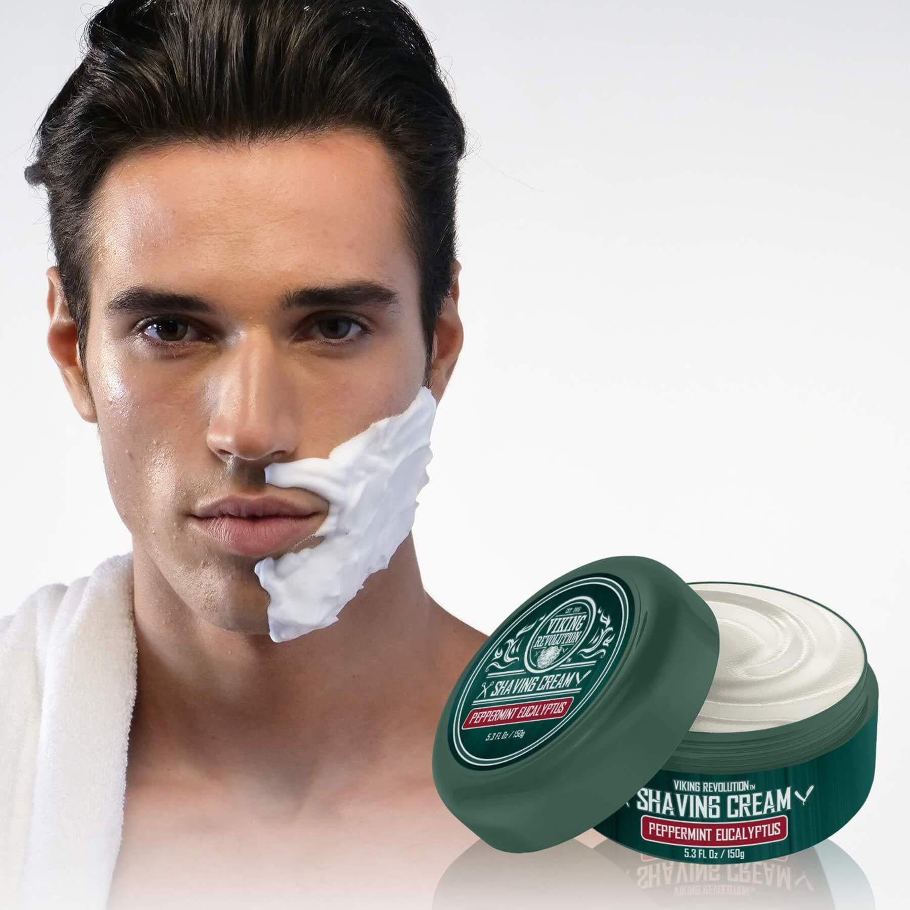Man with shaving cream on face next to Shaving Cream jar promising a smooth shave.