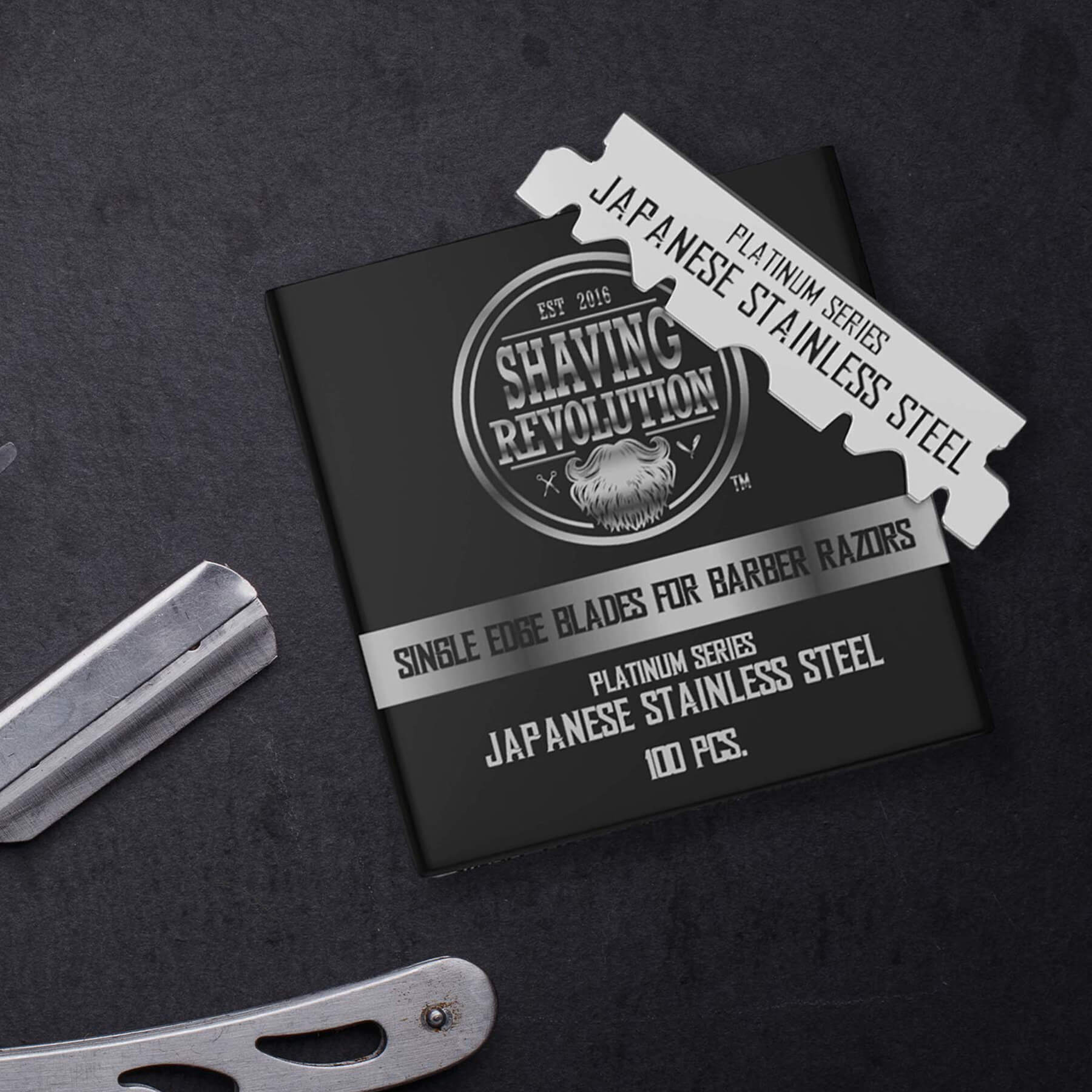 Barber Single Edge Razor Blades (100 count) with Shaving Revolution with Japanese Stainless Steel text visible.