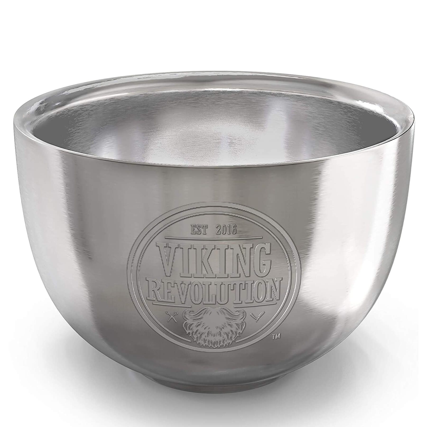Stainless Steel Shaving Soap Bowl with Viking Revolution logo, perfect for use with a Badger Brush.