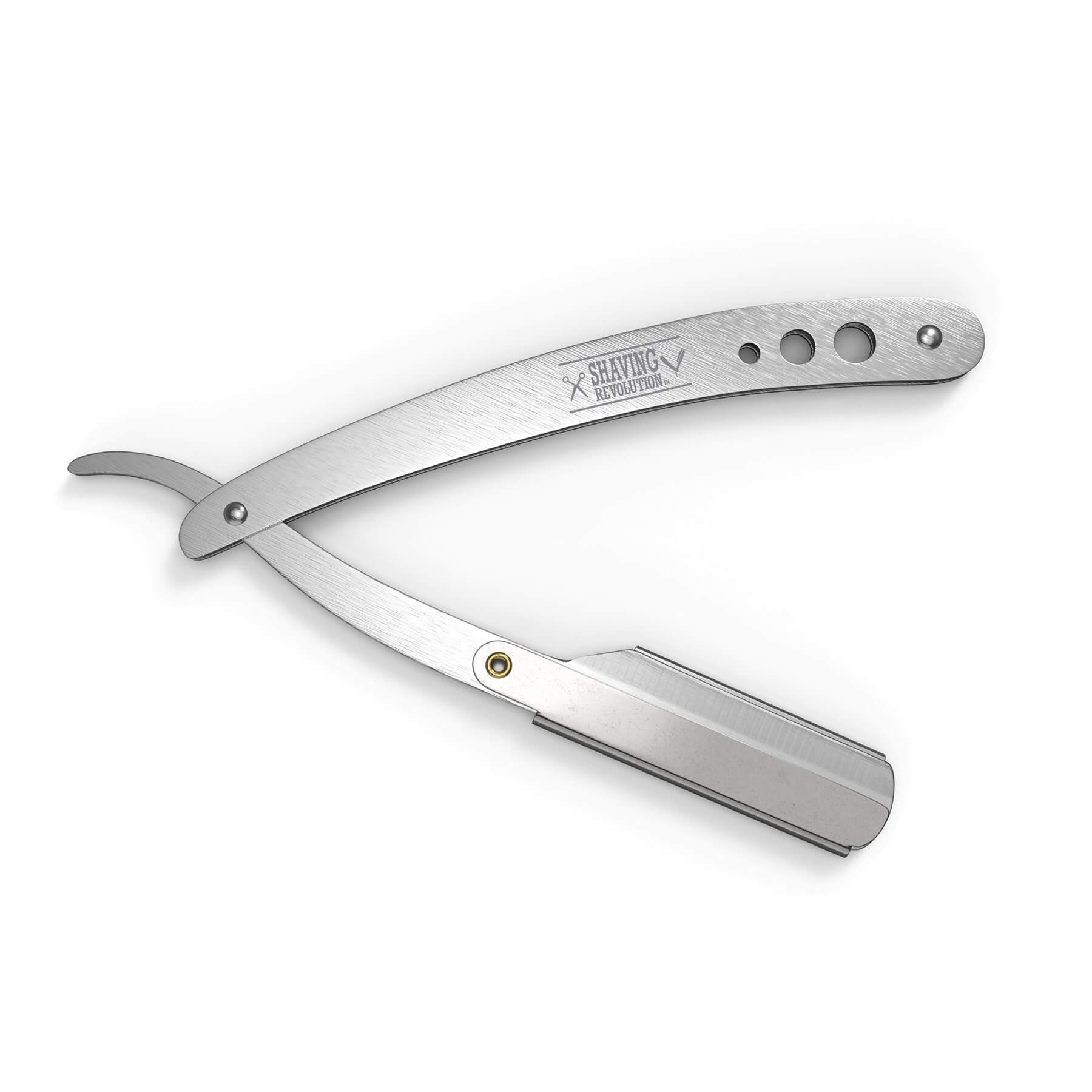 Introducing the Straight Edge Barber Razor w/100 Single Edge Blades, a refined addition to our elite grooming collection. Featuring a folding steel handle and blade with circular cutouts and a distinctive logo, this razor is essential for premium beard care.