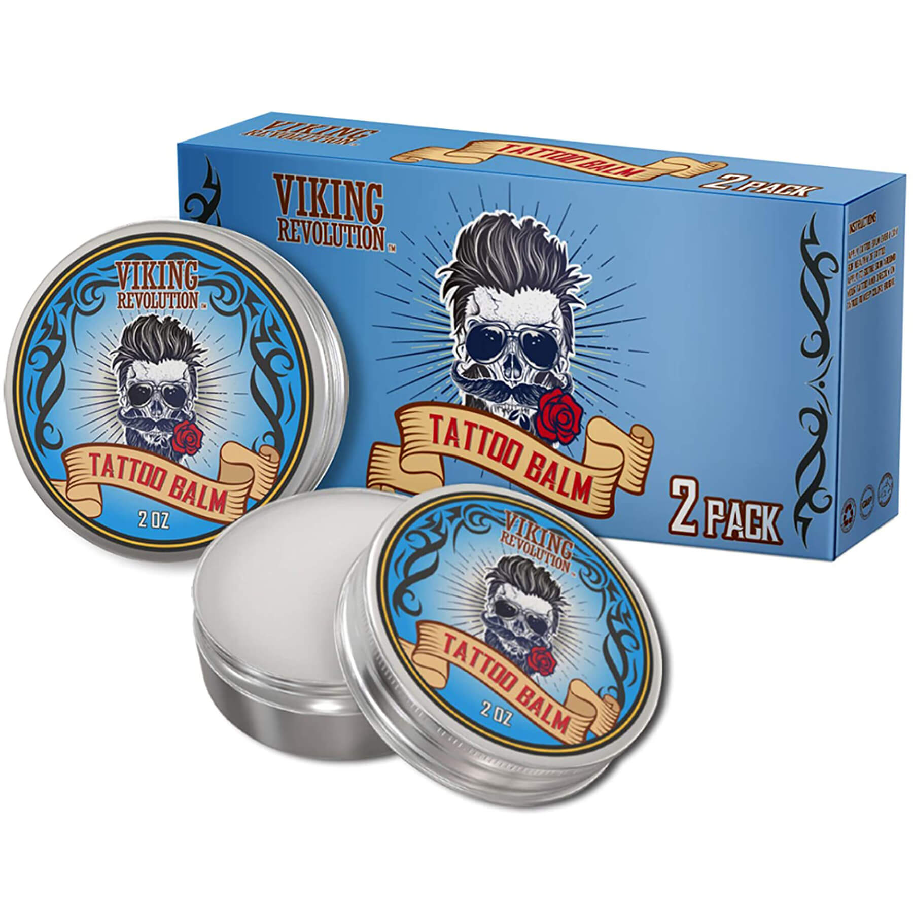 The Tattoo Care Balm - 2 Pack features packaging with a bearded skull logo entwined with a red rose, symbolizing the perfect blend of rebellion and beauty. Inside, two containers are designed to moisturize and soothe, promoting optimal tattoo healing.