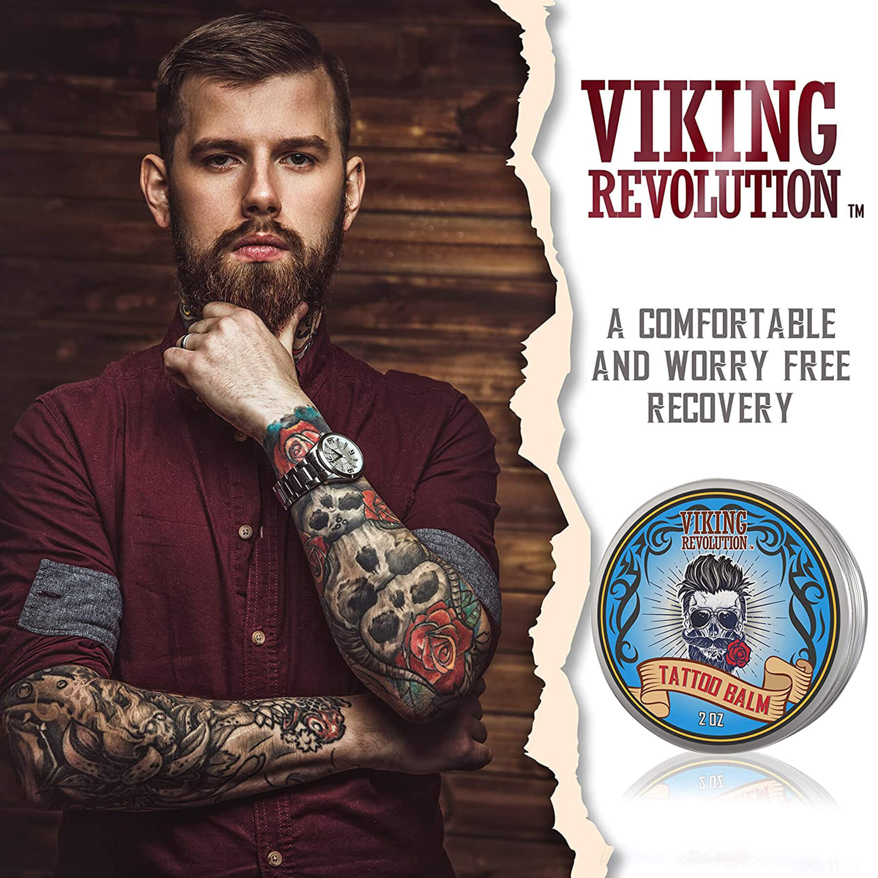 Man with tattoos crosses arms beside Tattoo Care Balm - 2 Pack, the ideal post-treatment cream to moisturize and soothe, ensuring perfect tattoo healing.