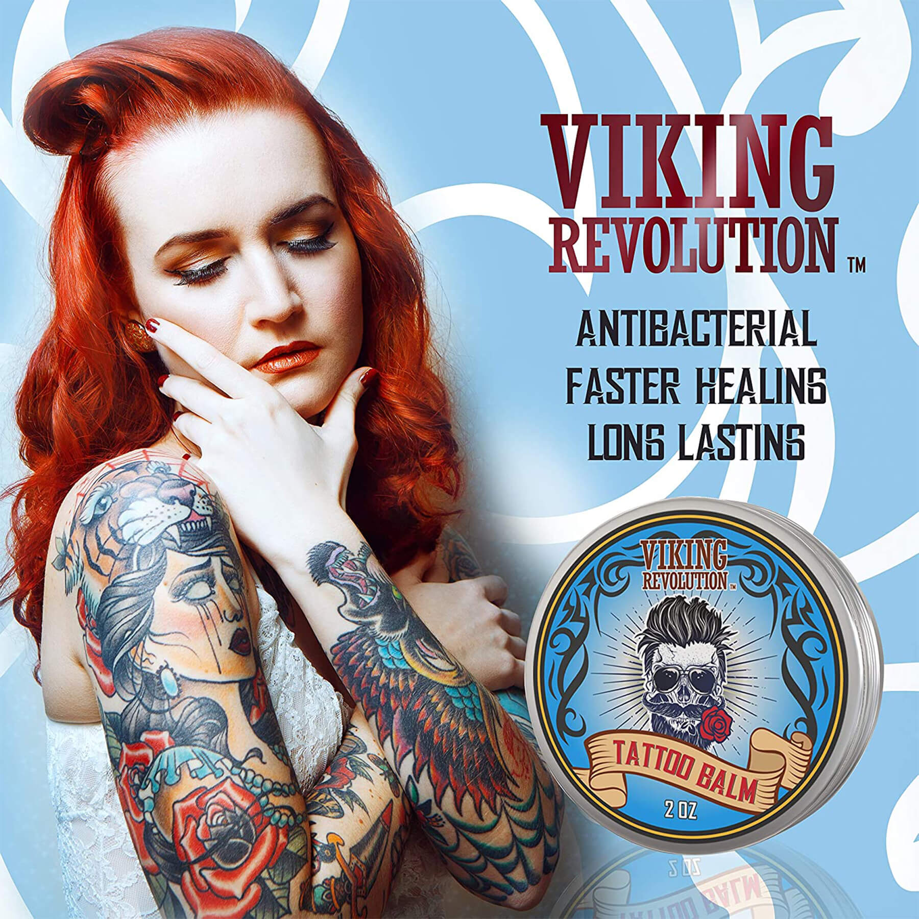 A tattooed woman holds a tin of Tattoo Care Balm - 2 Pack, formulated to moisturize and soothe, against a blue patterned backdrop.