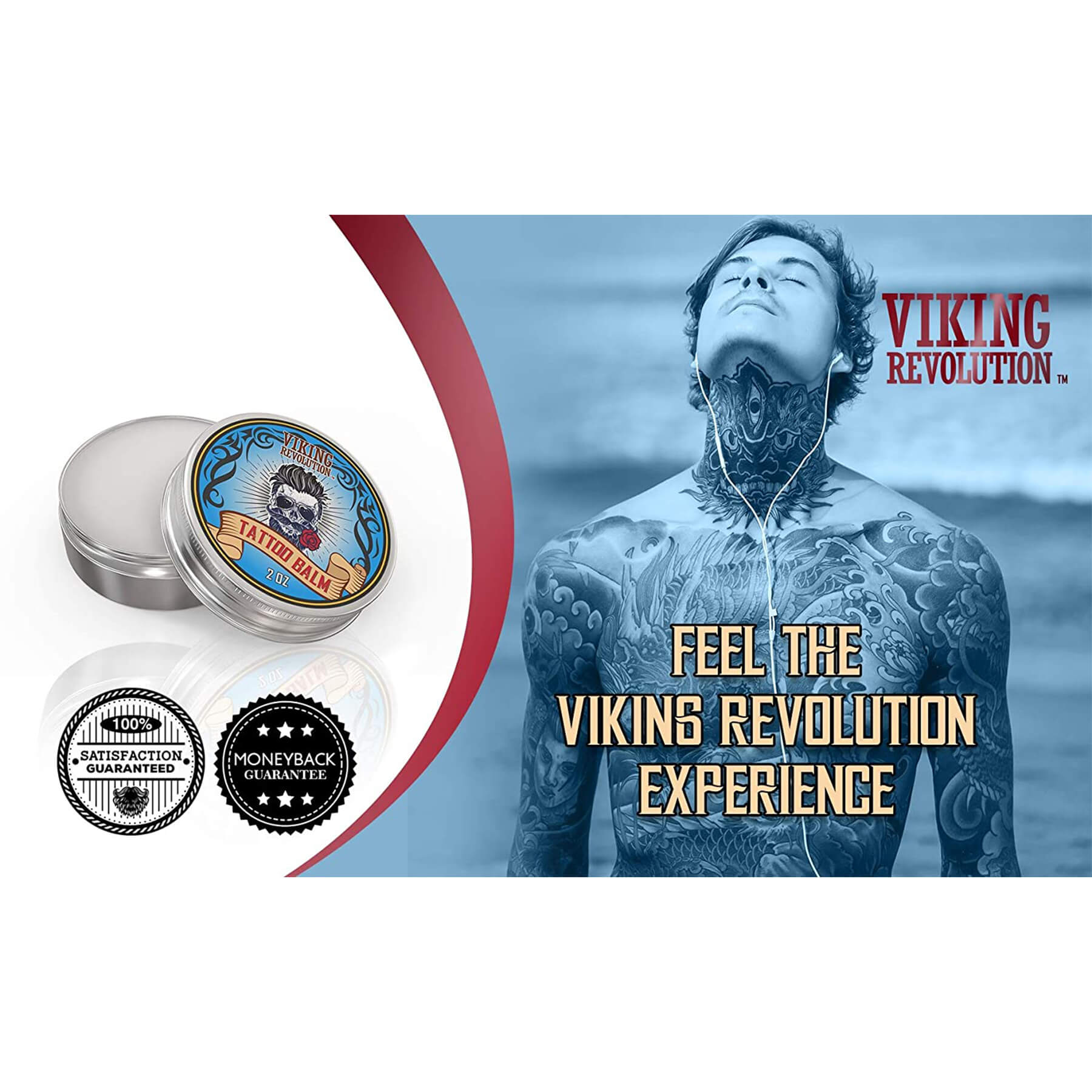 Tattoo Care Balm - 2 Pack next to a tattooed man, embracing the Viking Revolution Experience. Enhance your tattoo healing with our post-treatment cream designed to moisturize and soothe your skin.