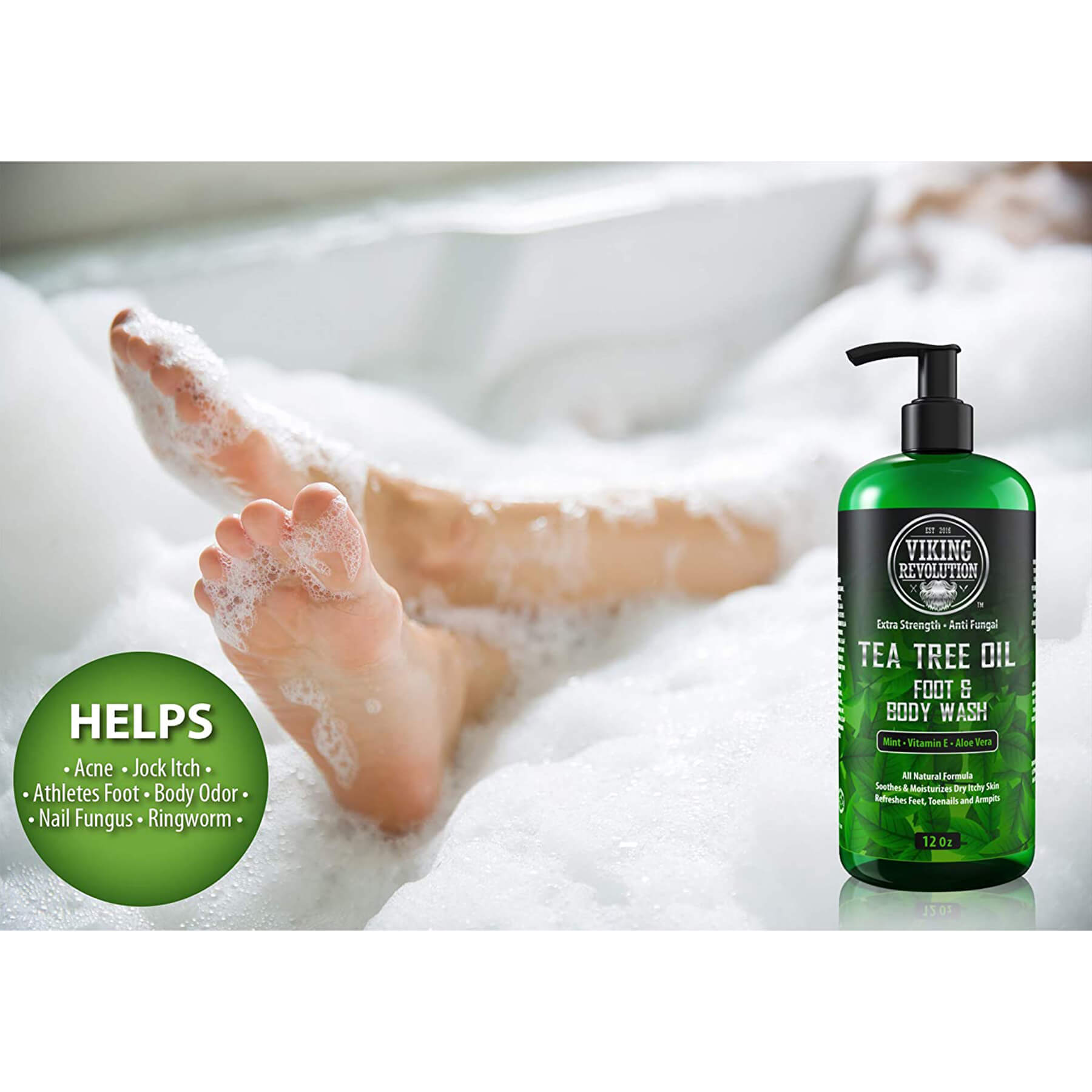 A foot in the bathtub with Viking Revolution's Tea Tree Oil Body Wash on display, showcasing a refreshing and natural skin treatment. This body wash effectively utilizes tea tree oil to invigorate and cleanse, leaving your skin feeling revitalized and nourished.