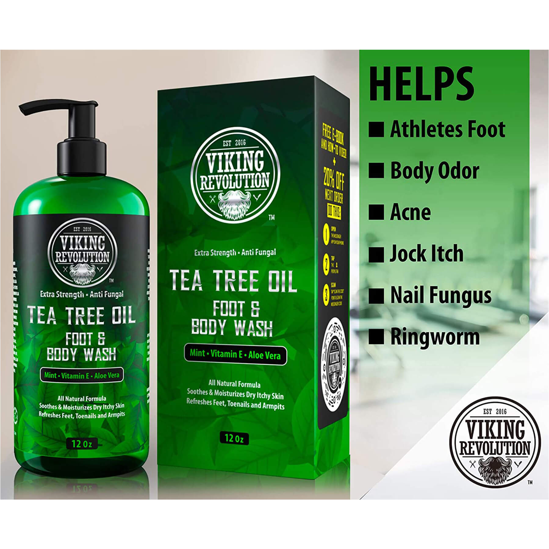 The Tea Tree Oil Body Wash by Viking Revolution is a natural skin treatment that highlights its benefits on the right.