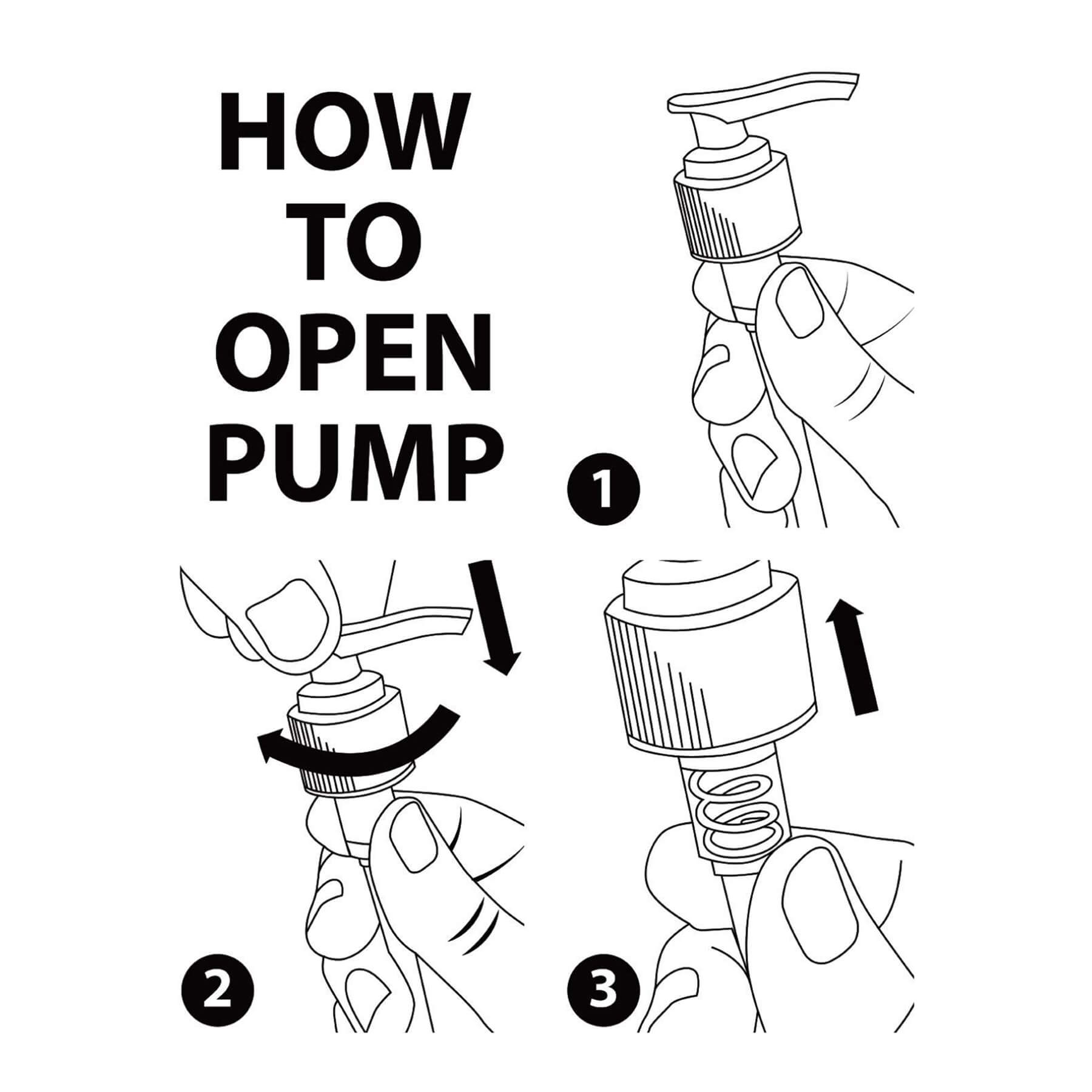 Instructions on opening a pump top: twist and pull up to unlock the dispenser of your Tea Tree Oil Body Wash, renowned for its natural skin treatment benefits.