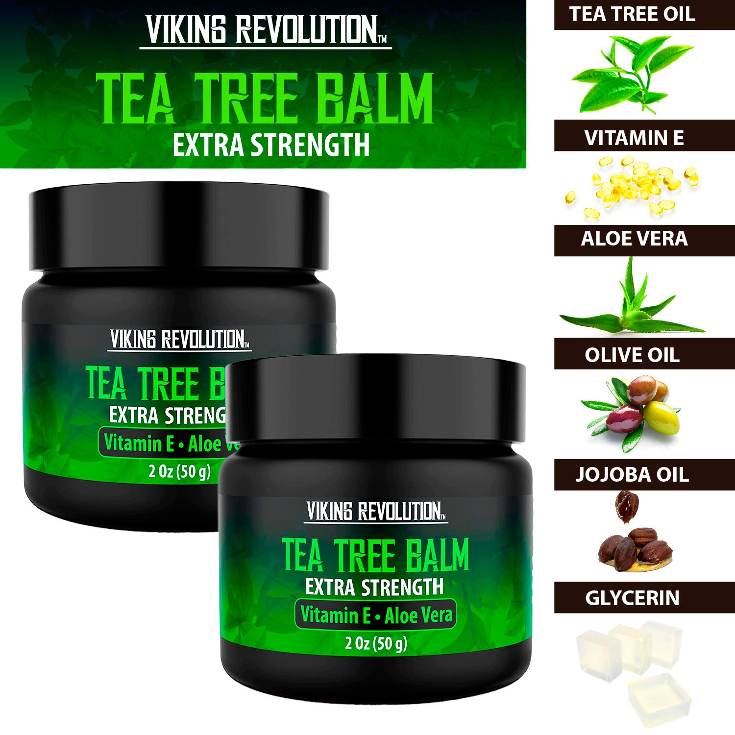 Two jars of Tea Tree Oil Cream - 2 Pack, a natural skin treatment with tea tree oil, vitamin E, and aloe vera.