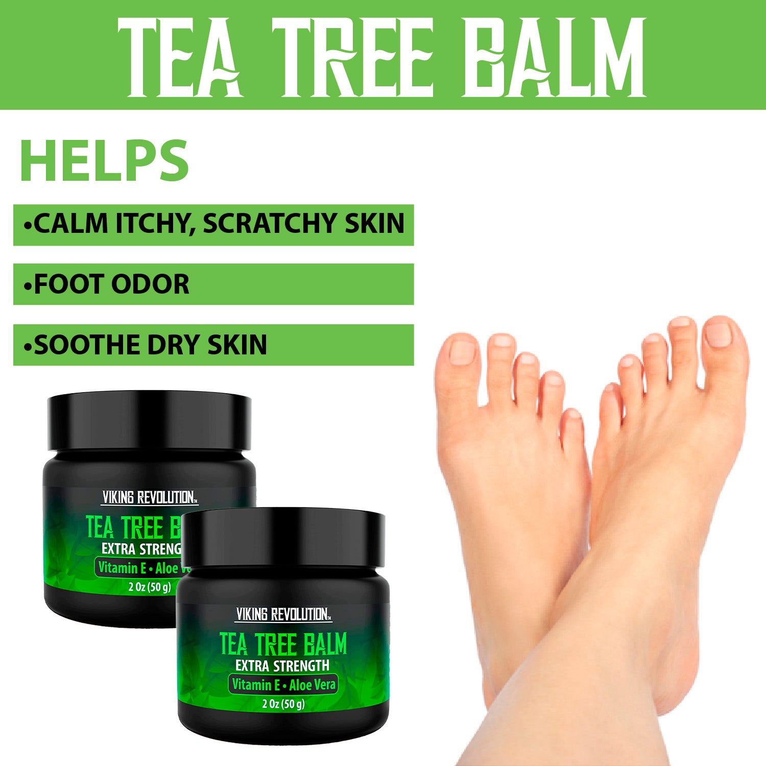 Tea Tree Oil Cream - 2 Pack displayed promoting natural skin treatment; feet shown nearby.