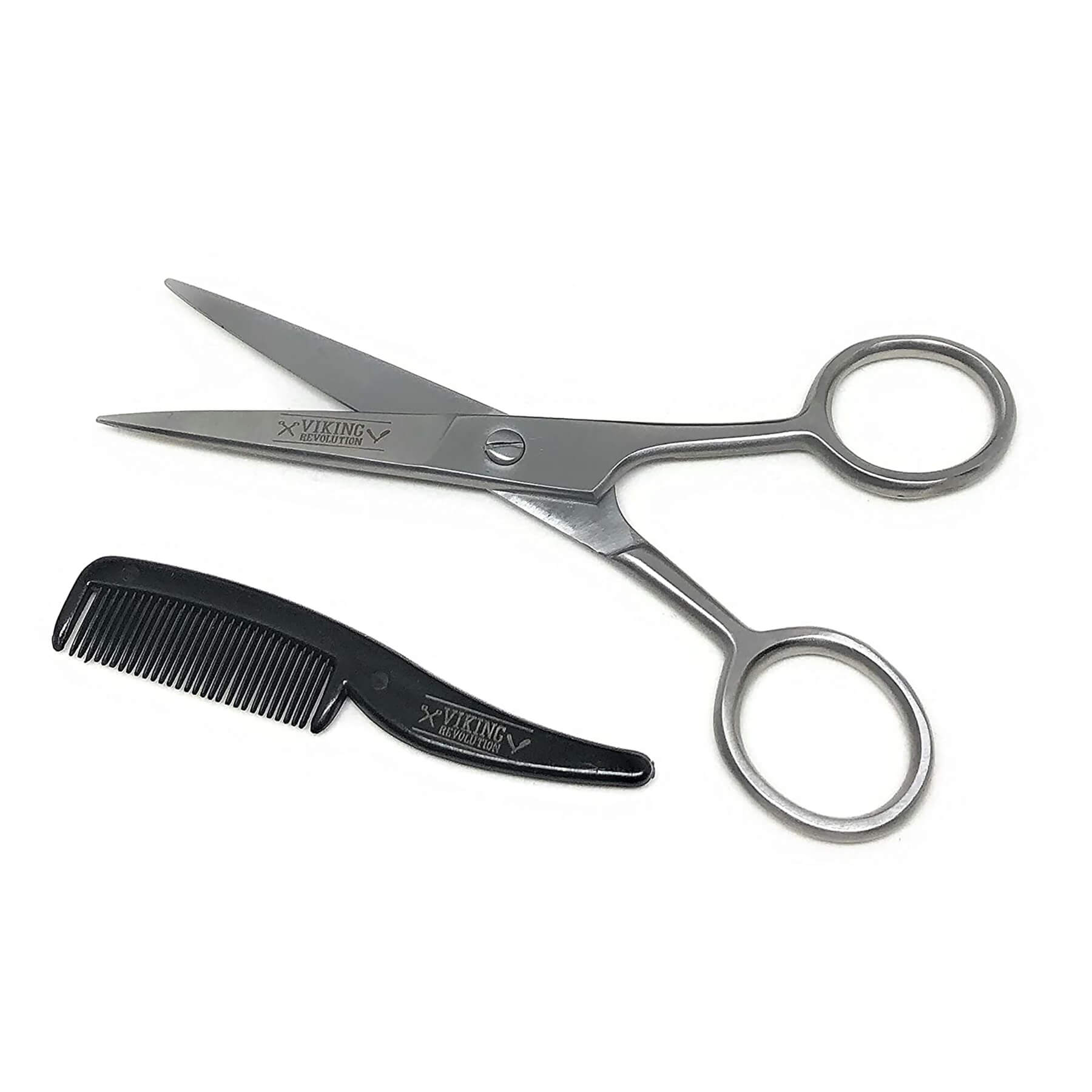 Beard and Mustache Scissors with Comb and Case on a white background.