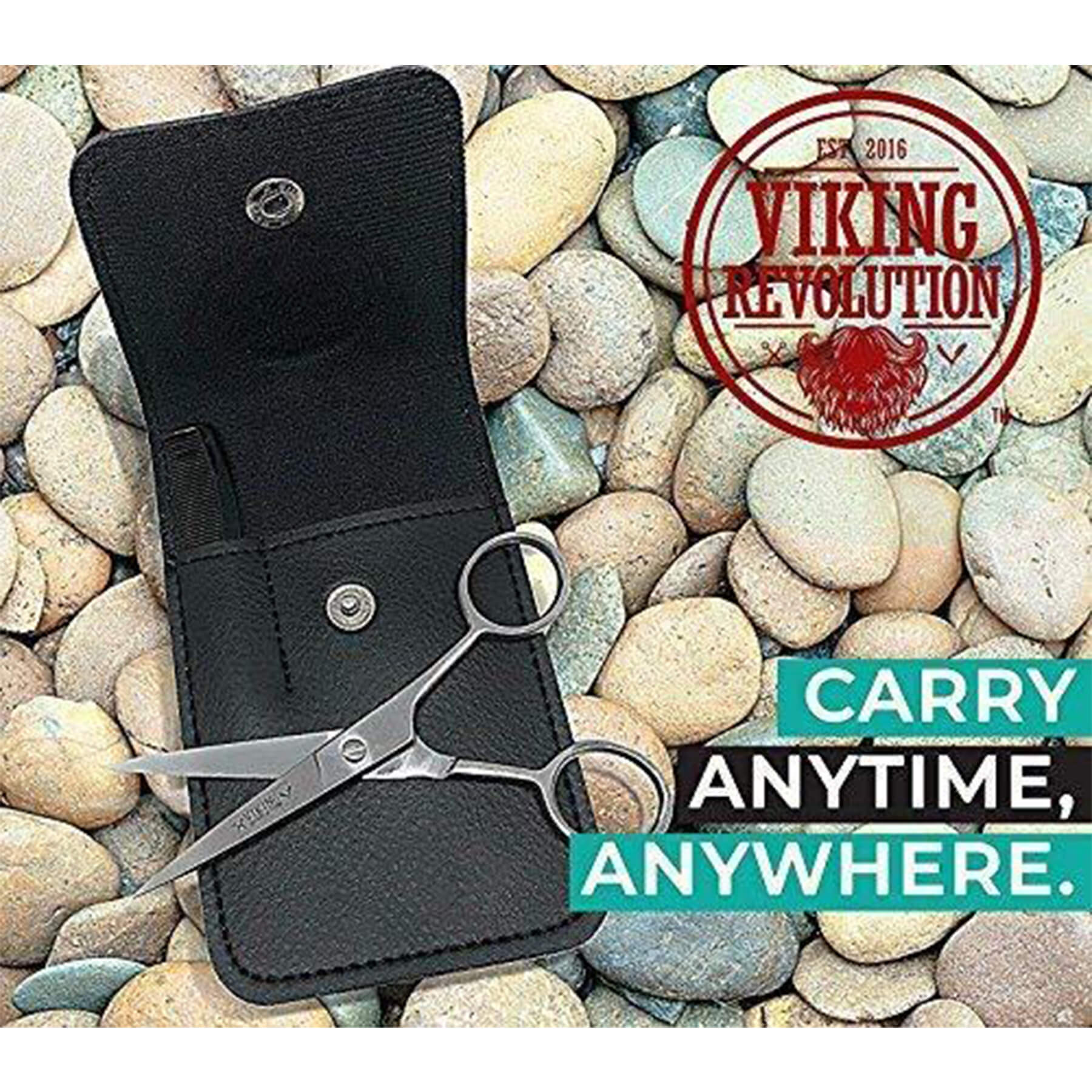 Beard and Mustache Scissors w/Comb in a synthetic leather case with Viking Revolution logo—carry anytime.